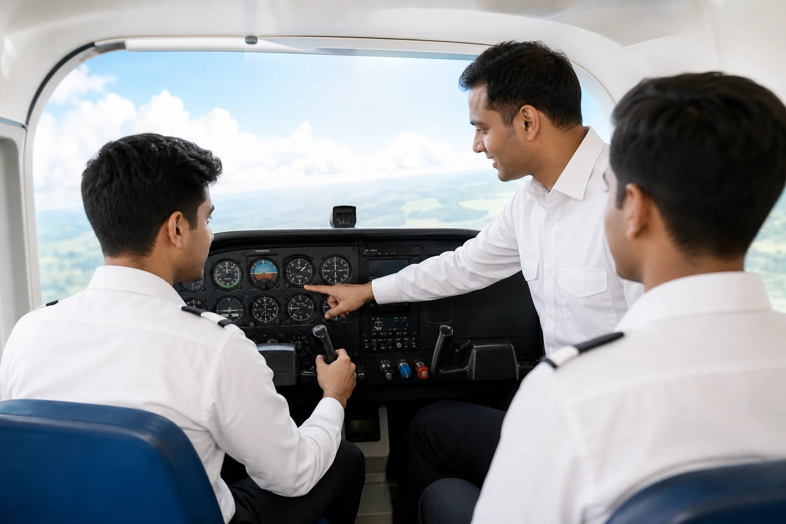 Student seated in analog C172 fixed base simulator cockpit in Kerala during training session. Rian Air LIGHT poster family: clean bright white canvas with the real subject centred and generous white space, natural daylight, brand blue