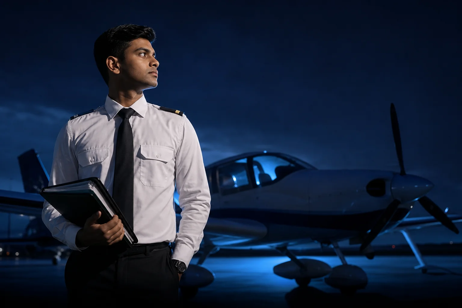 Rian Air DARK poster family: cinematic aviation photograph on a near-black deep navy canvas, bottom edge fading into black, brand blue (#1081f2) as the only accent. Hyper-realistic photograph of a young Indian trainee pilot in a white shirt
