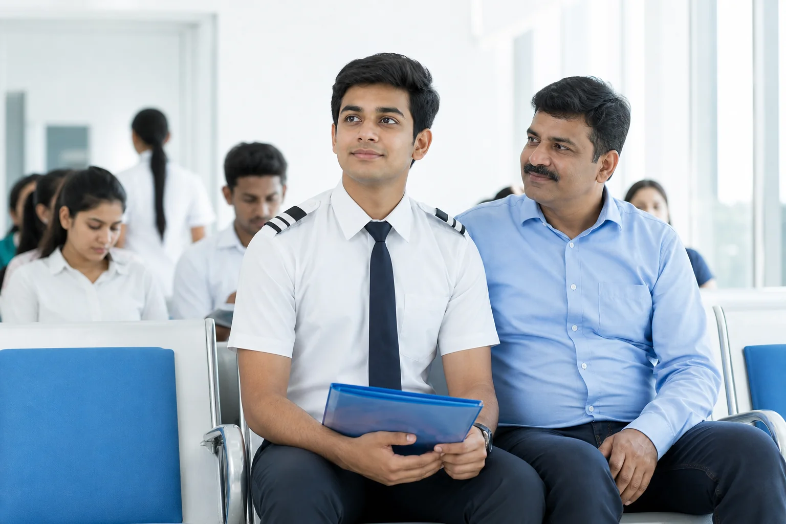 An Indian aspiring pilot sitting in a waiting area of a DGCA medical examination center before flight training abroad. Rian Air LIGHT poster family: clean, bright white canvas with the real subject centred and generous white space, natural