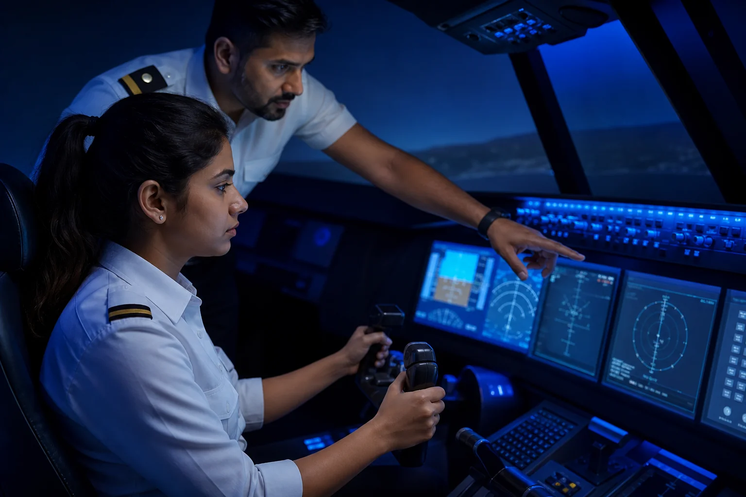 Rian Air DARK poster family: cinematic photograph of a modern glass-cockpit flight simulator with multiple digital displays glowing blue, an Indian woman trainee pilot in a white shirt with single-stripe epaulettes operating the controls