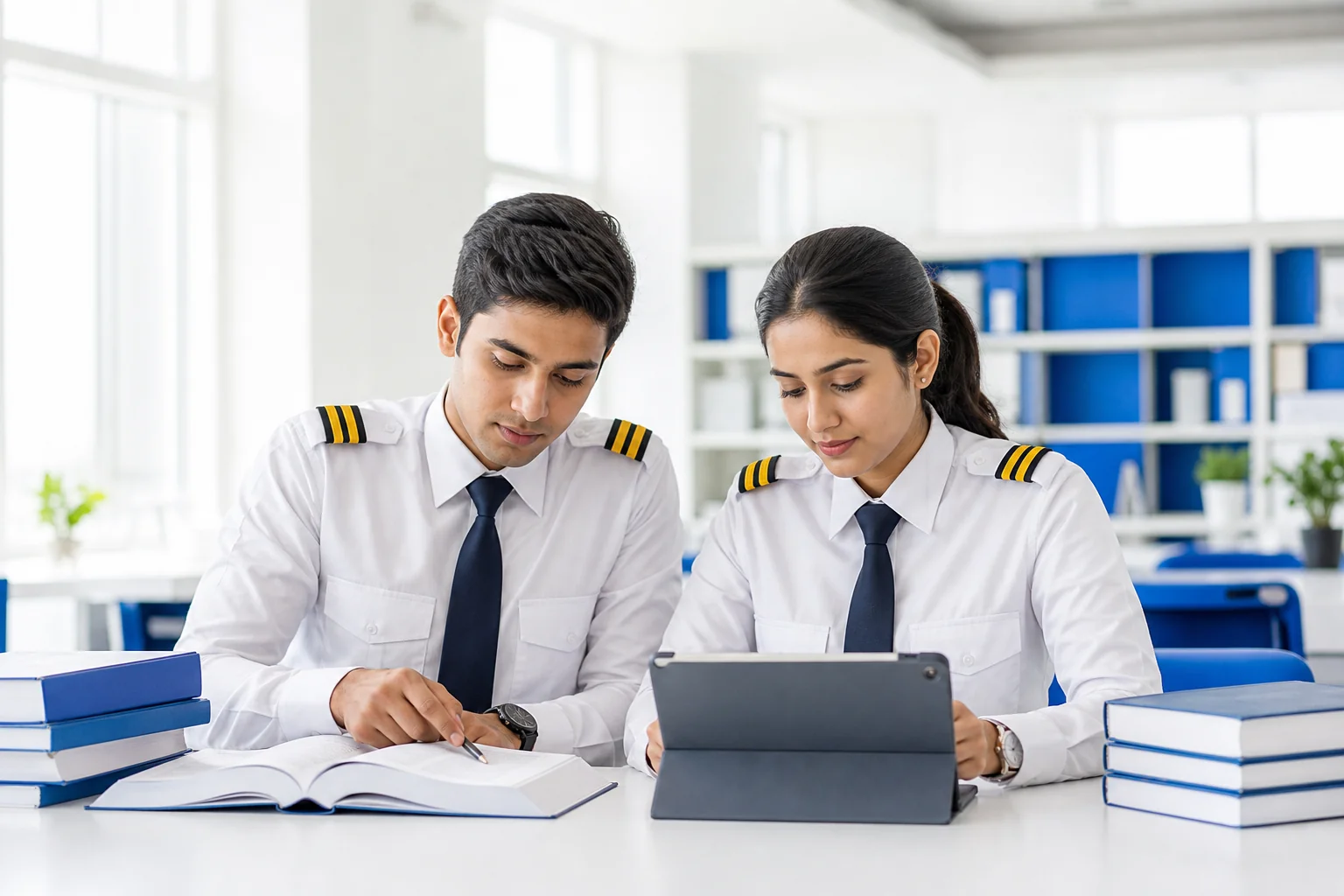 Rian Air LIGHT poster family: bright clean white study library interior with natural daylight, an Indian male and female trainee pilot in white shirts with single-stripe epaulettes sitting at a desk reading DGCA textbooks and using tablets