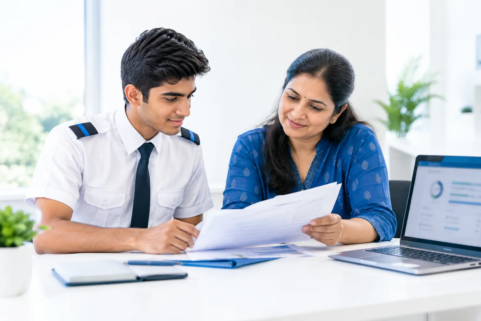 Student and parent reviewing training documents at an academy counselling desk in Delhi