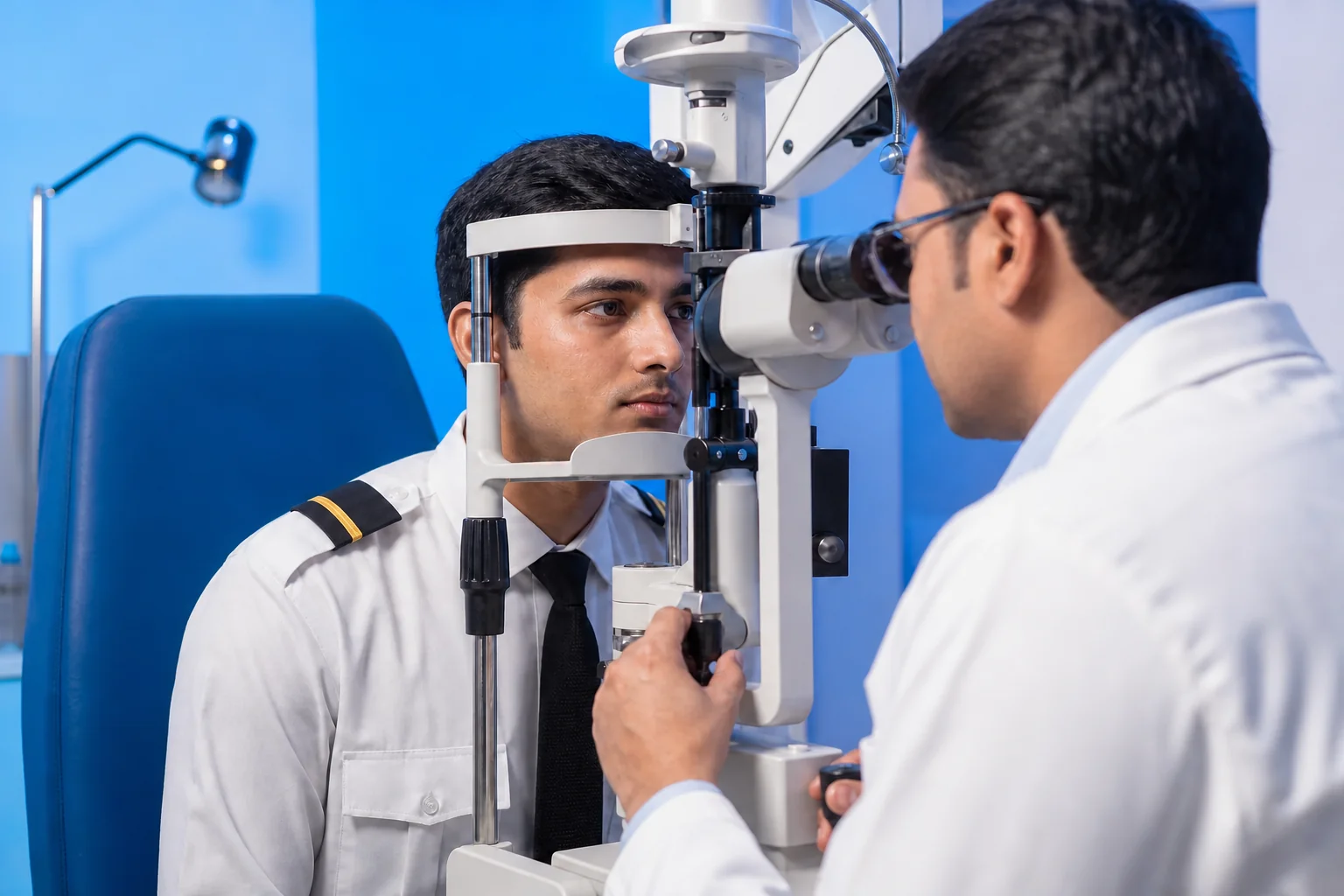 photorealistic photo of a young Indian aspiring pilot undergoing a medical eye examination at an aviation medical clinic, doctor in white coat using diagnostic equipment, clean clinical setting with soft blue lighting tones matching brand