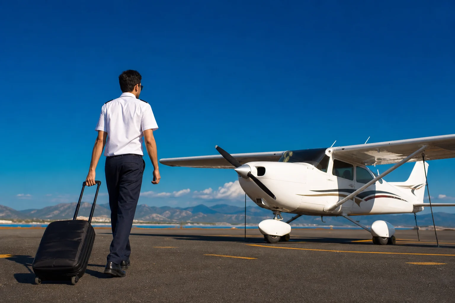 photorealistic photo of an Indian student pilot walking toward a small Cessna training aircraft on a runway with clear blue skies, suitcase nearby suggesting international training travel, New Zealand or Mediterranean-style airfield