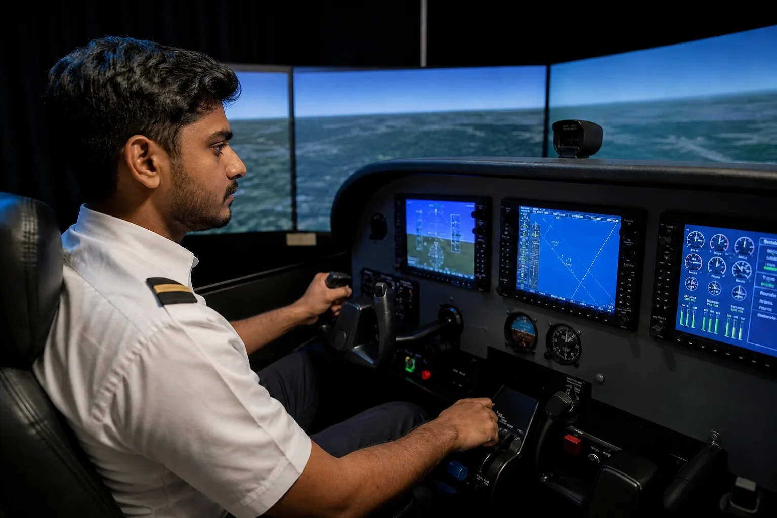 Student pilot inside a fixed-base flight simulator cockpit. photorealistic photo of an Indian aspiring pilot seated inside a C172 fixed-base flight simulator cockpit, hands on controls, glowing instrument panel displays in blue tones