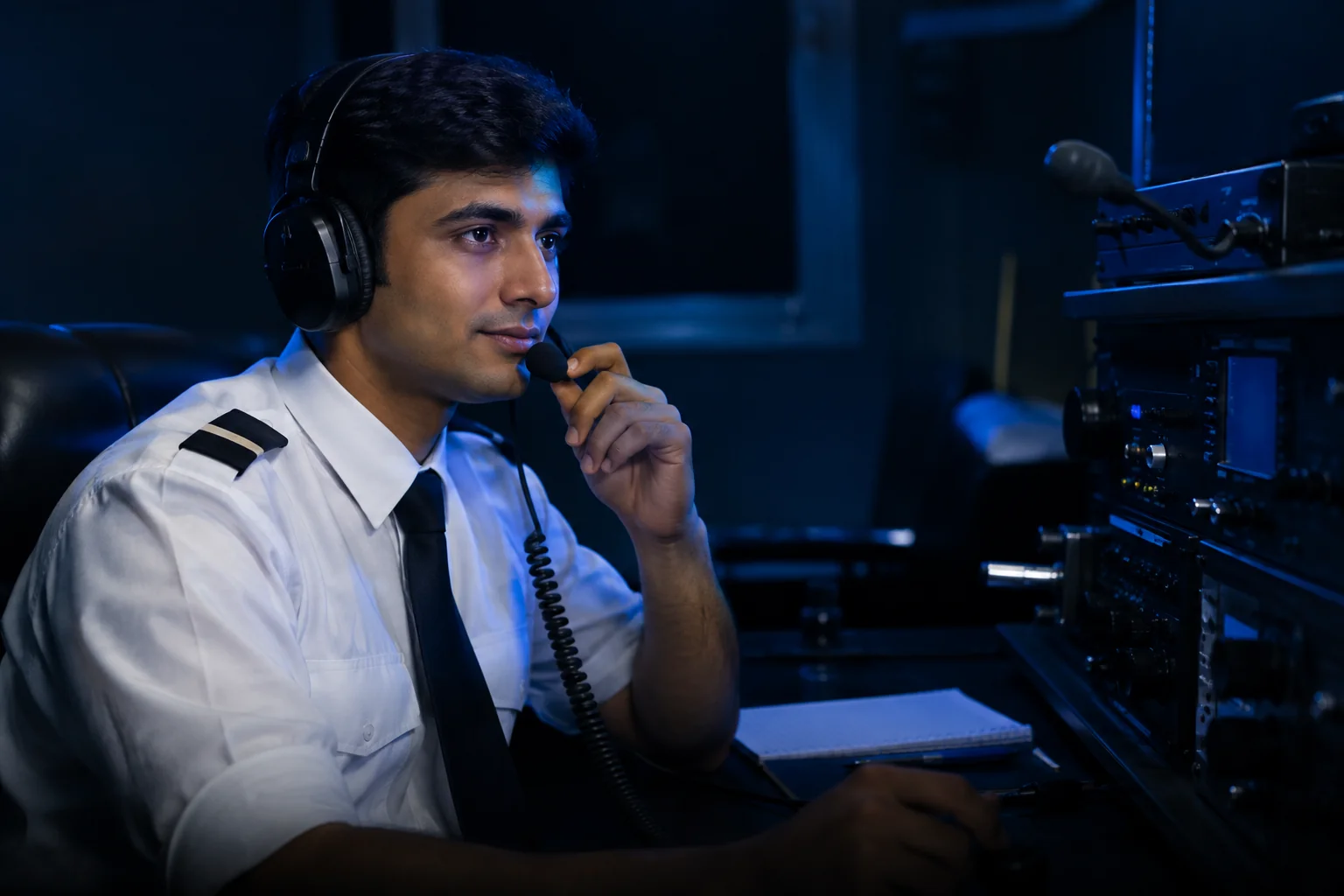 Trainee practicing radio telephony procedures with headset in simulator or classroom. Rian Air DARK poster family: cinematic aviation photograph on a near-black or deep navy canvas, bottom edge fading into black, brand blue (#1081f2) as the