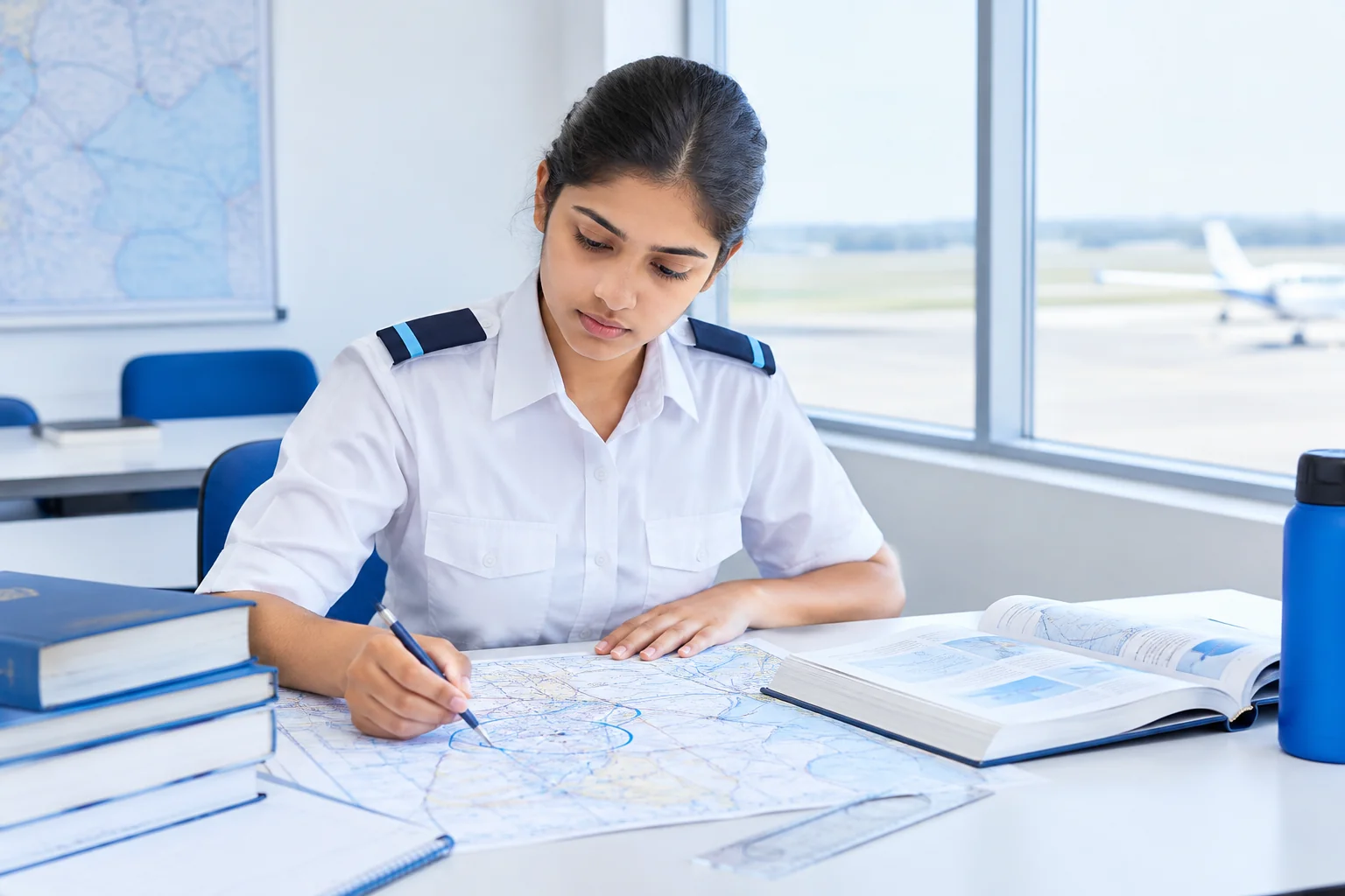 Young Indian student studying ground school theory materials at a desk