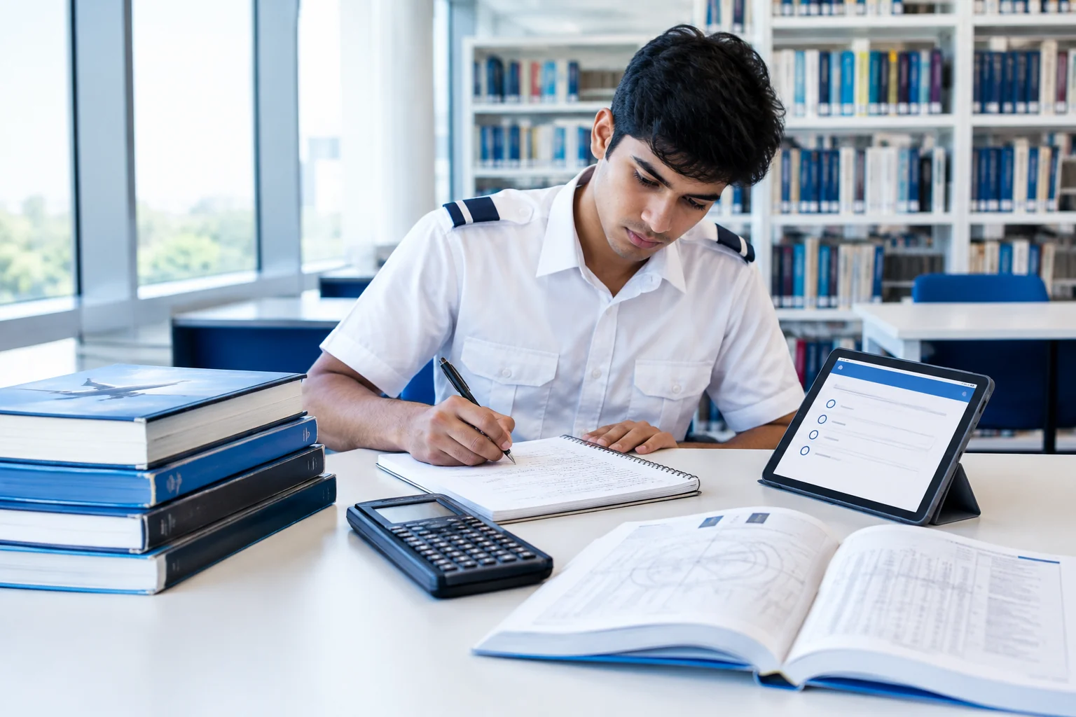 Aviation library table with DGCA reference books, a tablet showing practice questions and a notebook
