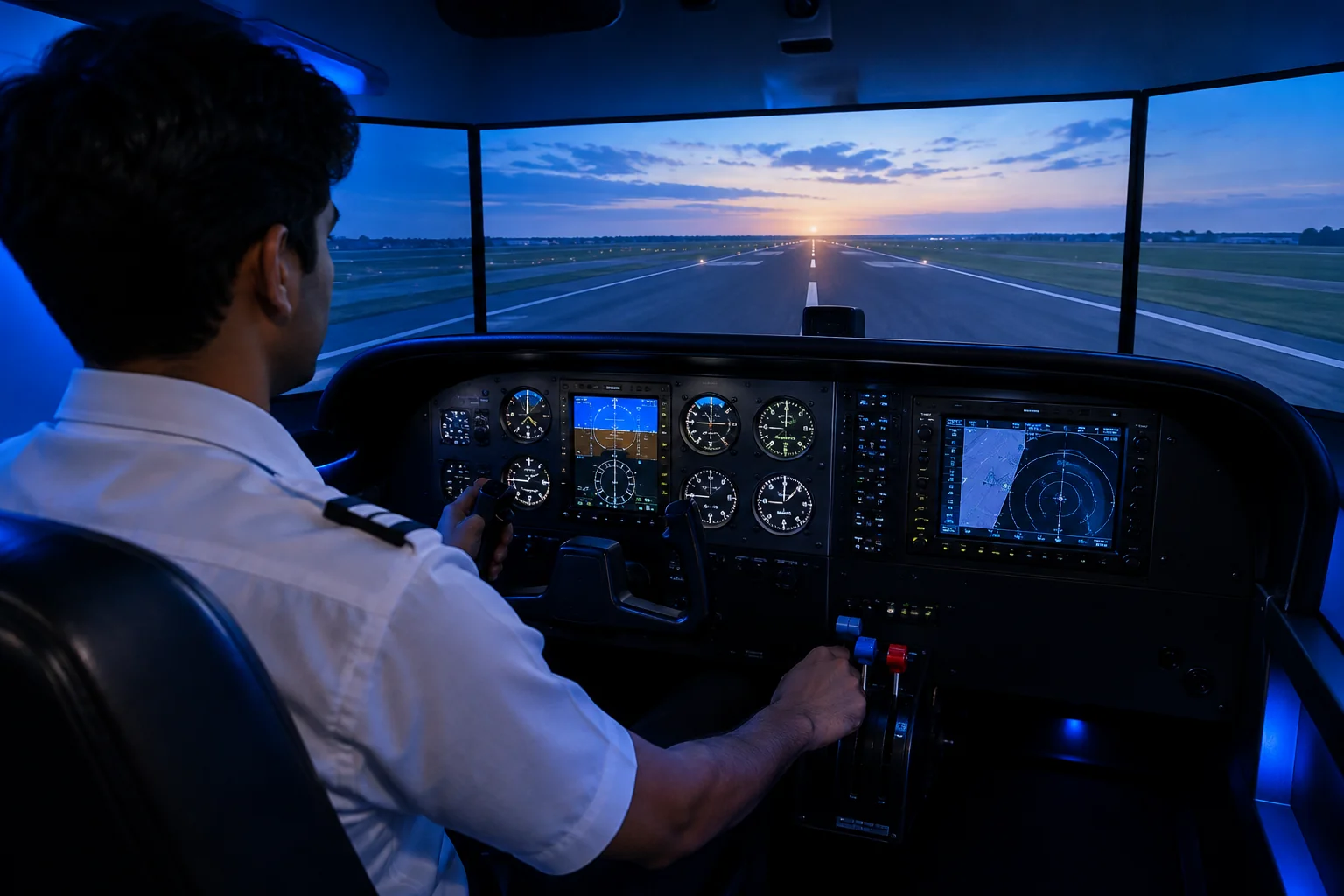 Cessna 172 fixed-base simulator cockpit with instrument panel and control yoke in a training room