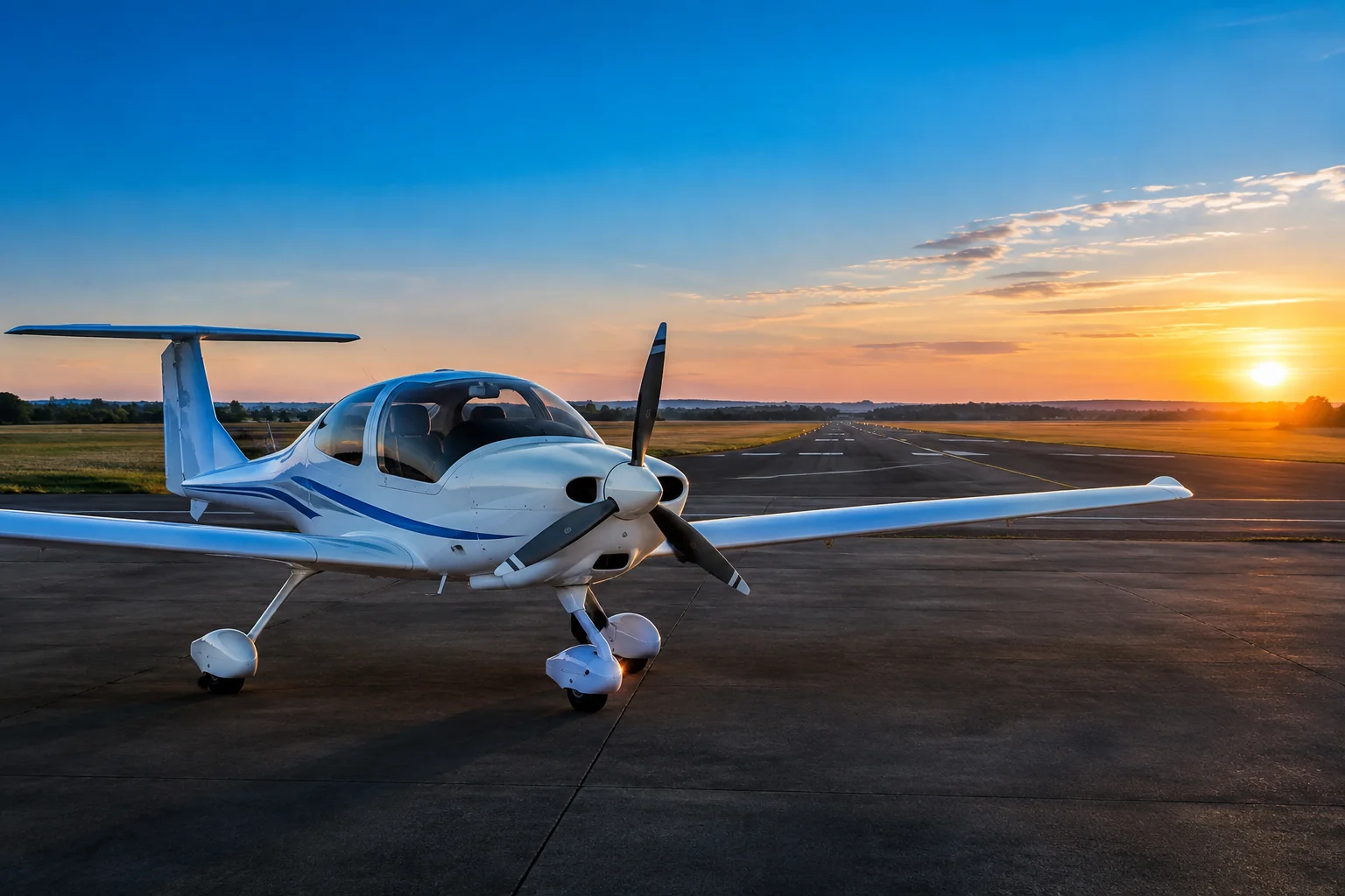 Single-engine training aircraft on an apron at golden hour before flight training abroad