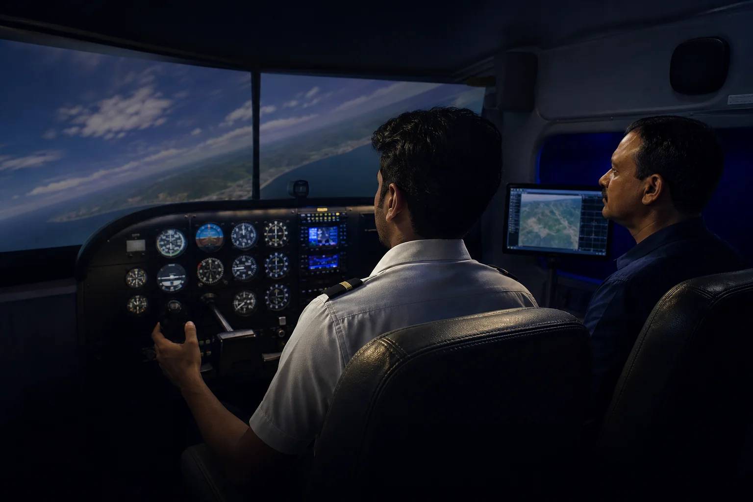 Fixed-base C172 simulator training session in Thrissur Kerala. Rian Air DARK poster family: cinematic aviation photograph on a near-black or deep navy canvas, bottom edge fading into black, brand blue (#1081f2) as the only accent. Interior