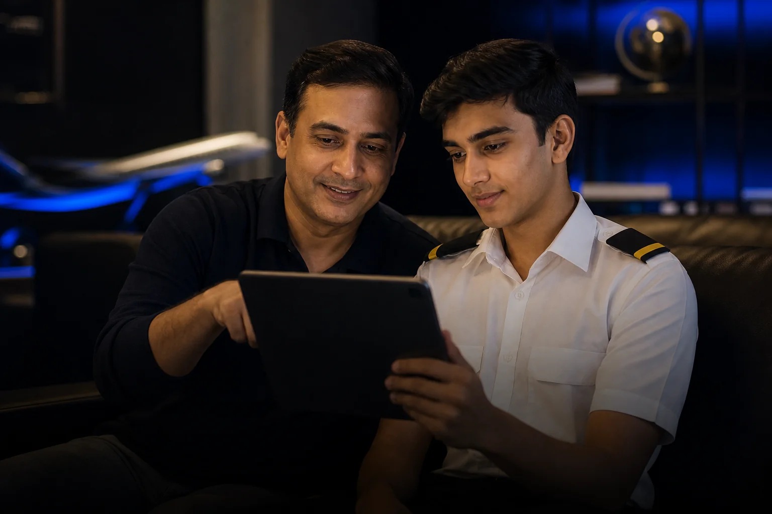 Parent and student reviewing digital progress dashboard together. Rian Air DARK poster family: cinematic aviation photograph on a near-black or deep navy canvas, bottom edge fading into black, brand blue (#1081f2) as the only accent. A