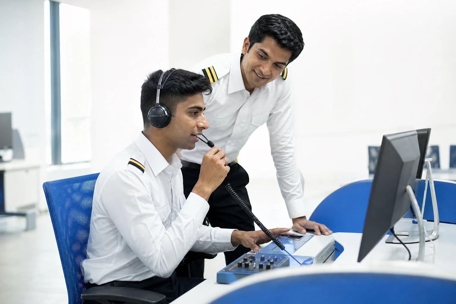 Student practicing radio telephony mock exam with headset. Rian Air LIGHT poster family: clean, bright white canvas with the real subject centred and generous white space, natural daylight at the academy, brand blue (#1081f2) as the only