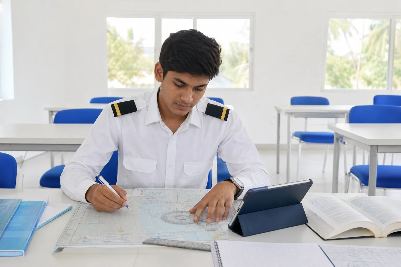 Kerala student in ground school classroom studying DGCA subjects. Rian Air LIGHT poster family: clean, bright white canvas with the real subject centred and generous white space, natural daylight at the airport or academy, brand blue