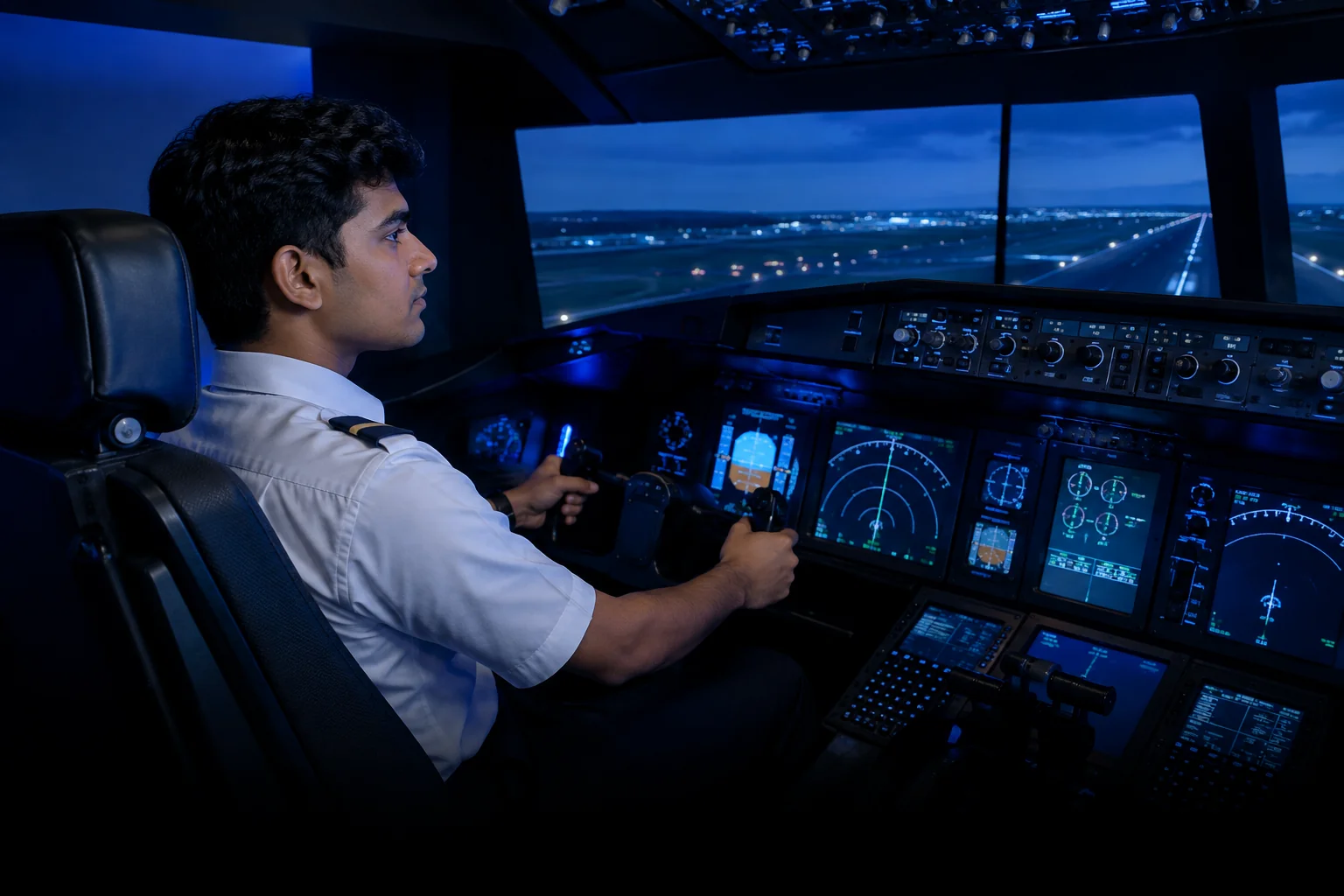 Trainee pilot inside a fixed-base flight simulator cockpit. Rian Air DARK poster family: cinematic aviation photograph of a flight-simulator cockpit on a near-black deep navy canvas, bottom edge fading into black, brand blue (#1081f2) as