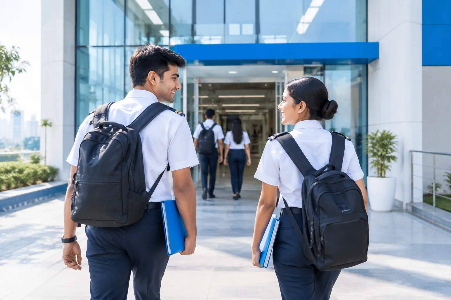 Aspiring pilot students walking into a bright training academy building in Delhi. Rian Air LIGHT poster family: clean, bright white canvas with the real subject centred and generous white space, natural daylight at the airport or academy