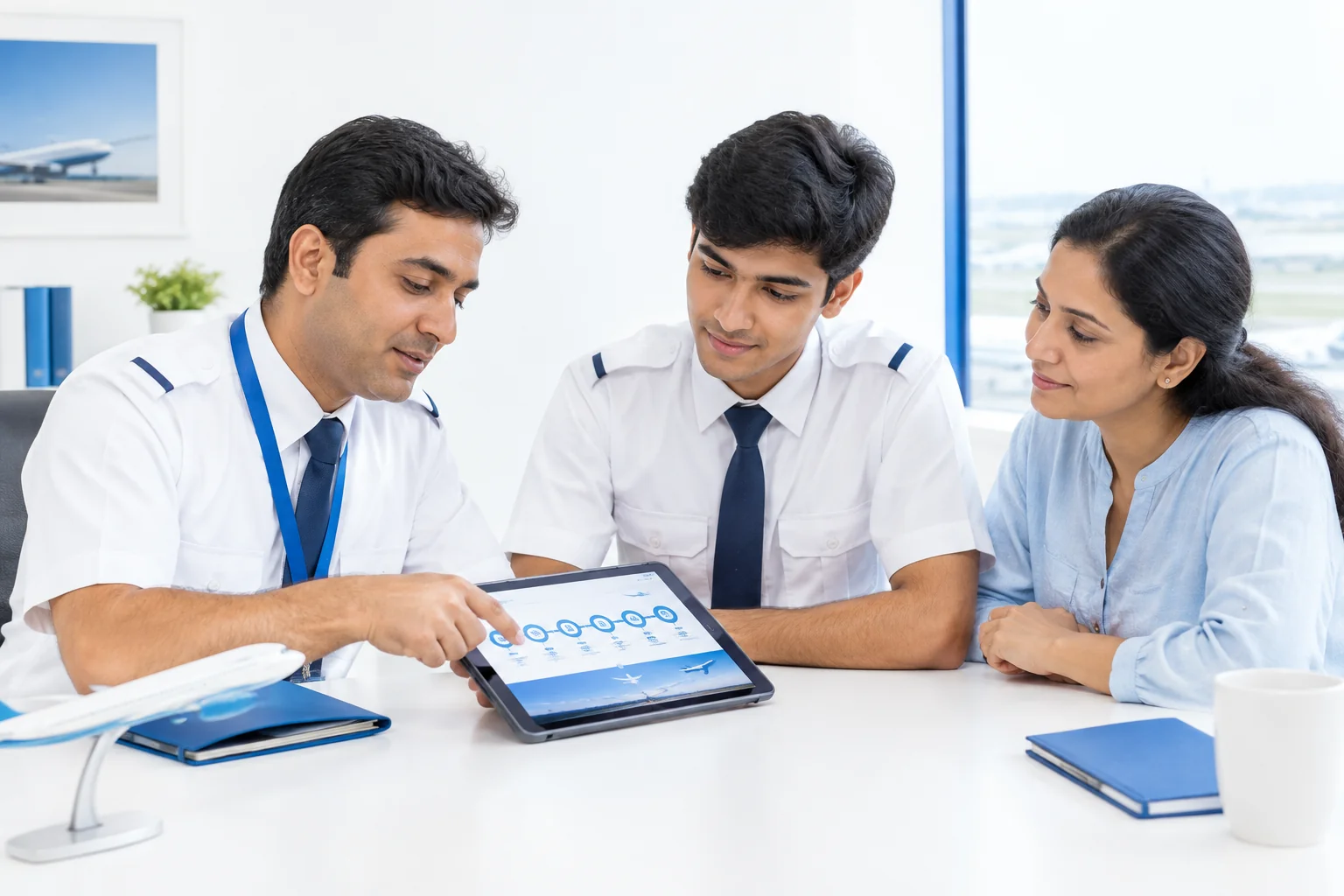 Instructor explaining a full pilot training pathway chart to a student and parent. Rian Air LIGHT poster family: clean, bright white canvas with generous white space, natural daylight, brand blue (#1081f2) as the only accent, no dark