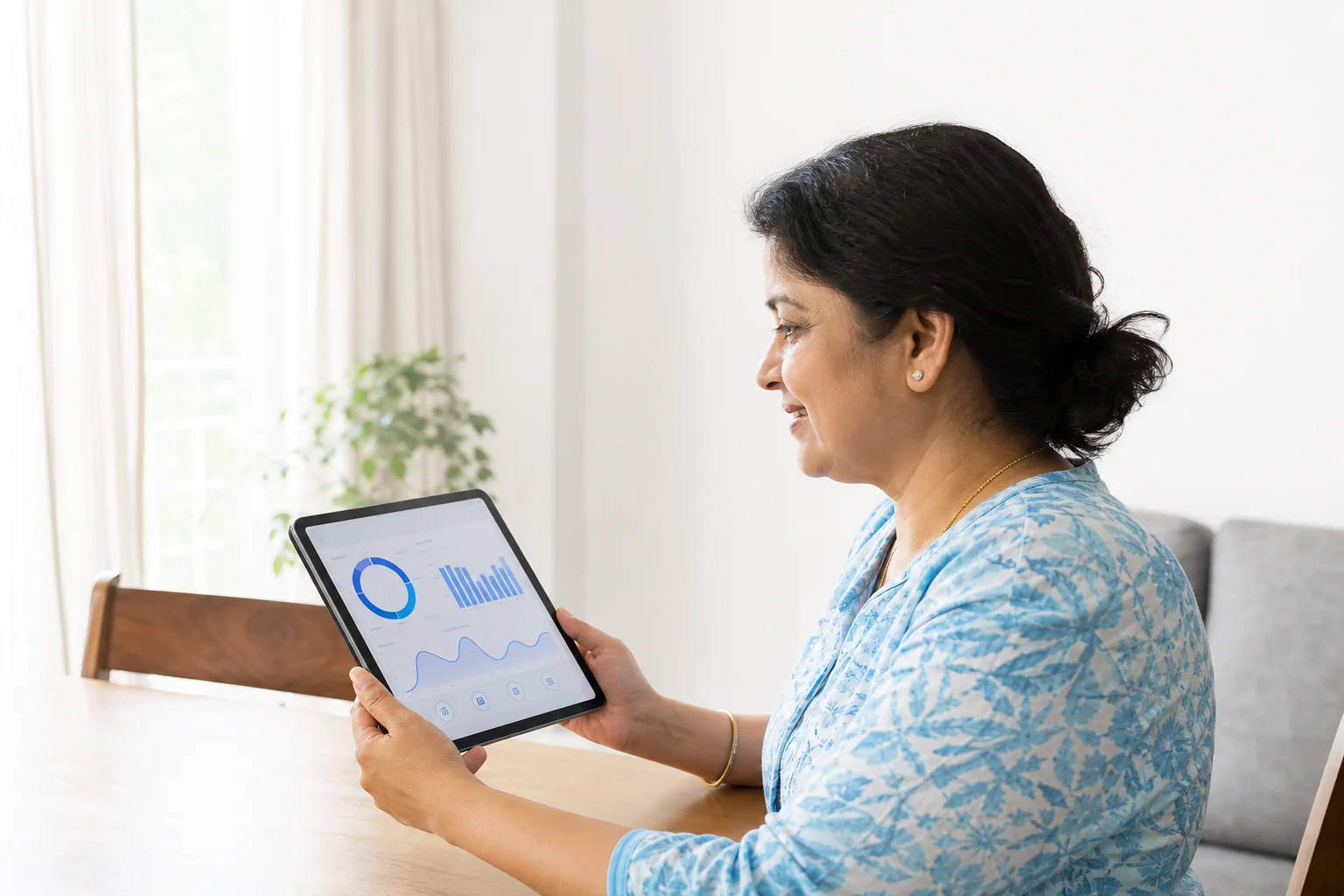 Parent viewing a progress dashboard on tablet at home while student trains. Rian Air clean white poster family: bright white canvas, natural daylight in a home setting in India. A parent, middle-aged Indian man or woman, sits at a table