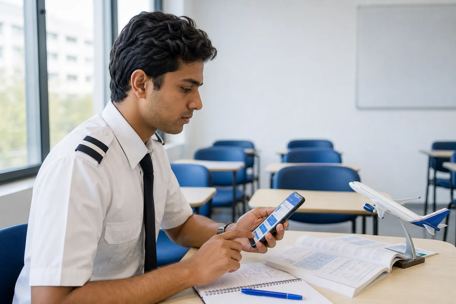 Aspiring pilot studying on a phone using a question bank app in a bright academy setting. Rian Air clean white poster family: clean, bright white canvas with generous white space, natural daylight inside a pilot training academy classroom