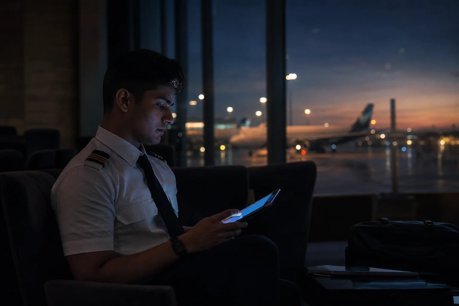 First Officer studying ATPL theory on a tablet during a layover at an airport lounge. Rian Air dark cinematic poster family: cinematic near-black deep navy canvas fading to black at the edges, an airport lounge or apron at dusk. An Indian