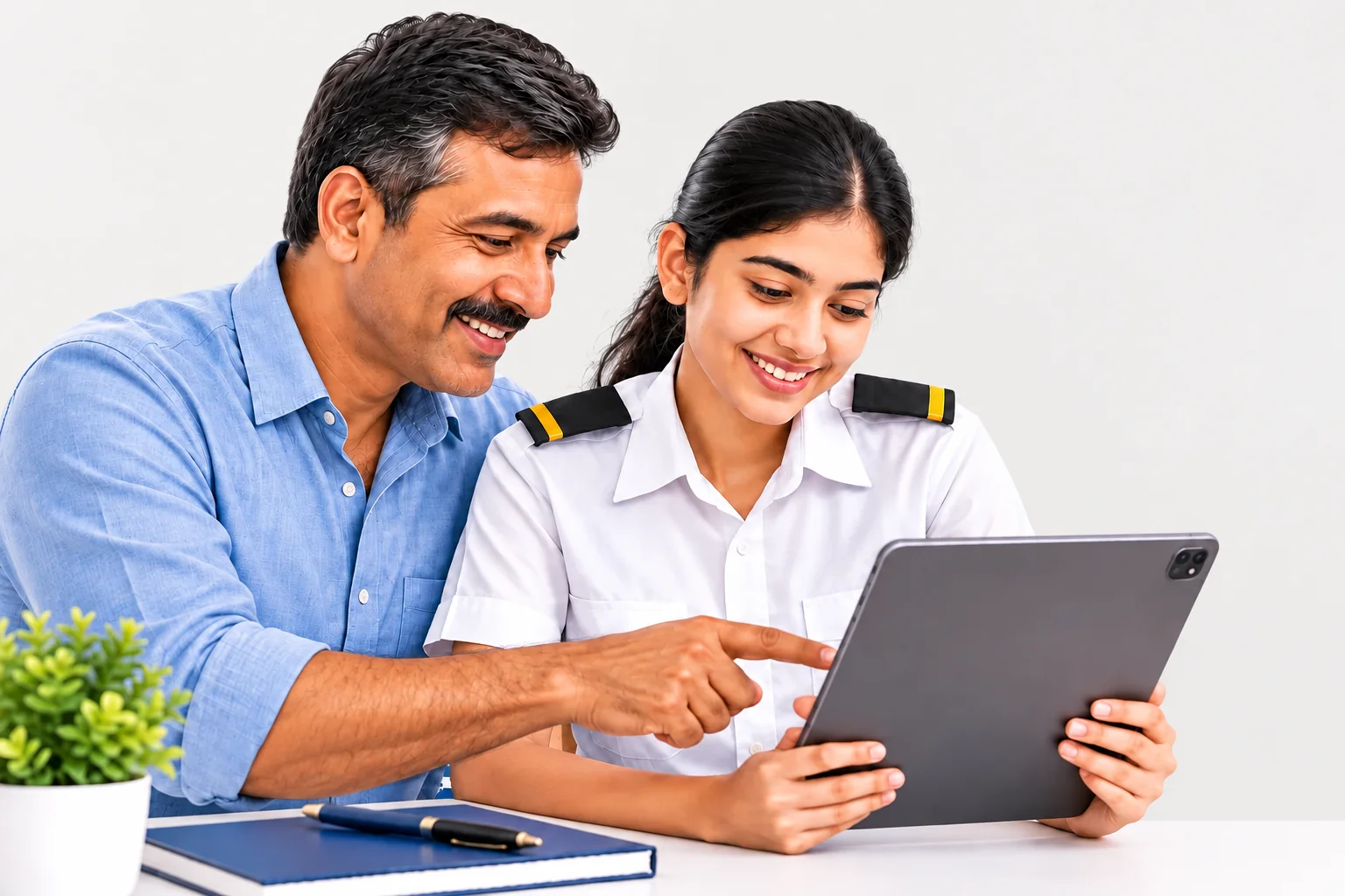show him as a kerala based 50 year old father and the ipad has to be turned towards them, only back side visible for us towards the screen
