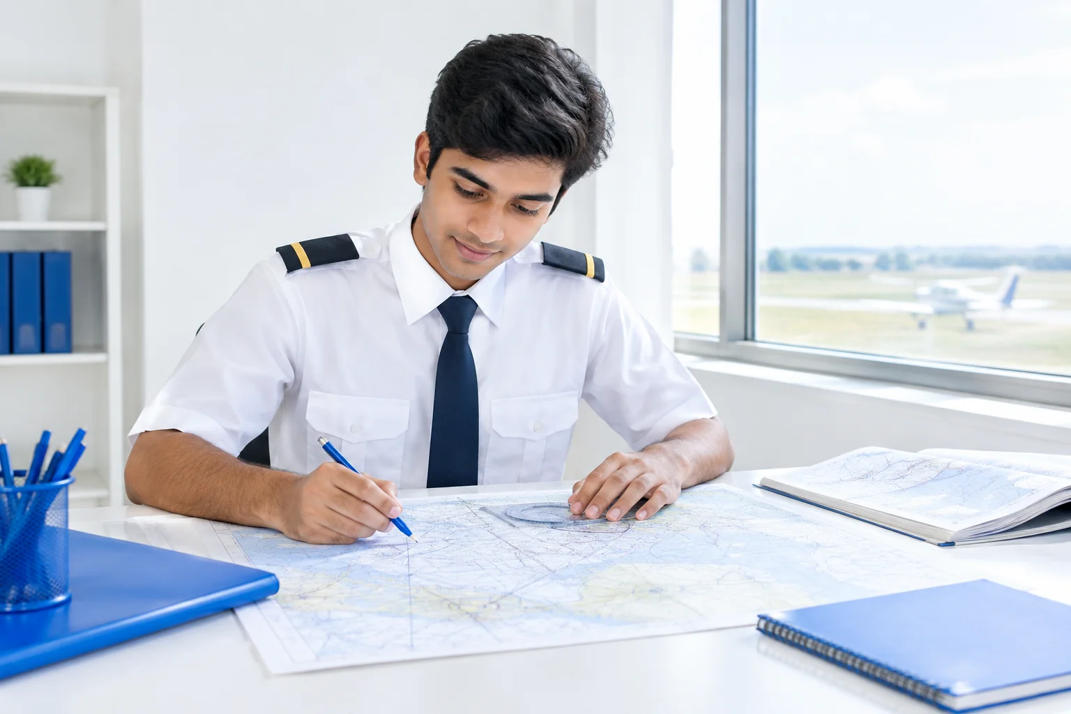 A young Indian trainee pilot in a white shirt with single-stripe epaulettes reviewing charts at a Kerala flight academy with natural daylight. Rian Air clean white: clean, bright white canvas with the real subject centred and generous white