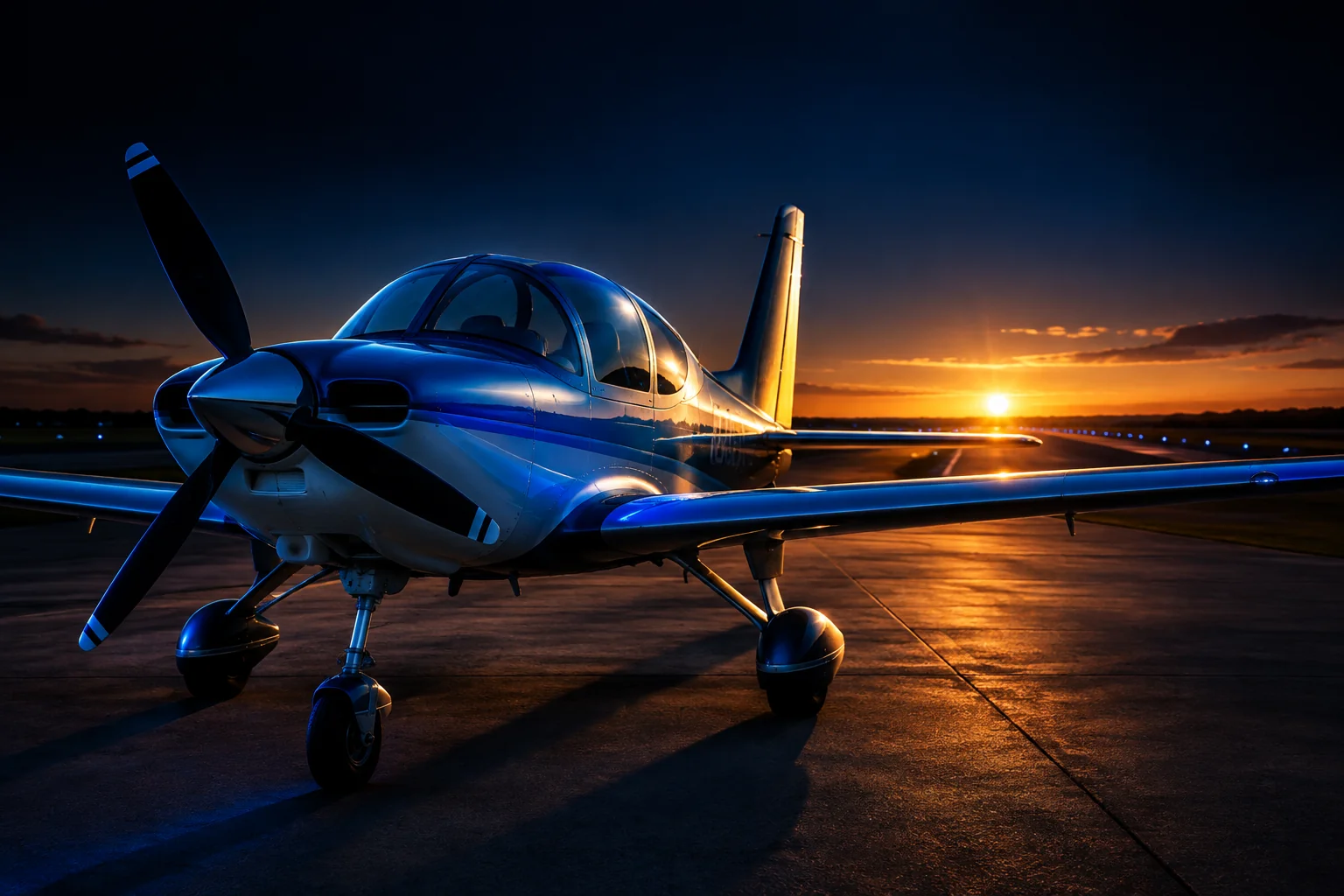 Training aircraft on apron at golden hour runway in India. Rian Air dark cinematic: cinematic aviation photograph of a small training aircraft parked on the apron at golden hour, runway stretching into the distance, near-black deep navy sky