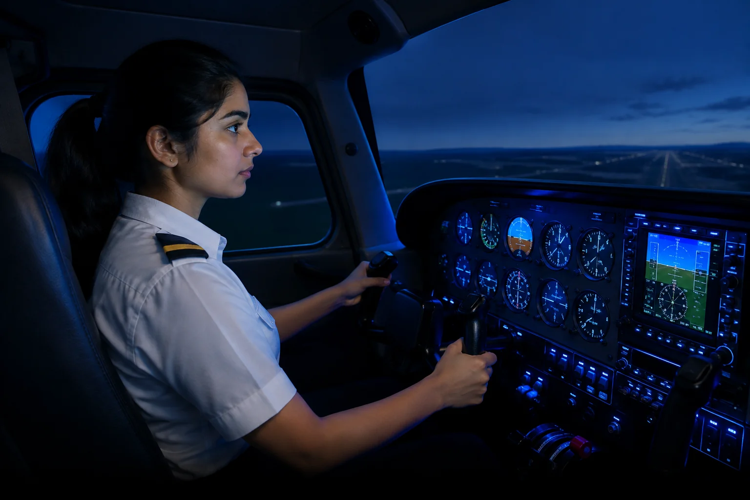 Trainee pilot inside a C172 fixed-base simulator cockpit, dim cinematic lighting. Rian Air dark cinematic: cinematic aviation photograph of a flight-simulator cockpit on a near-black deep navy canvas, bottom edge fading into black, brand