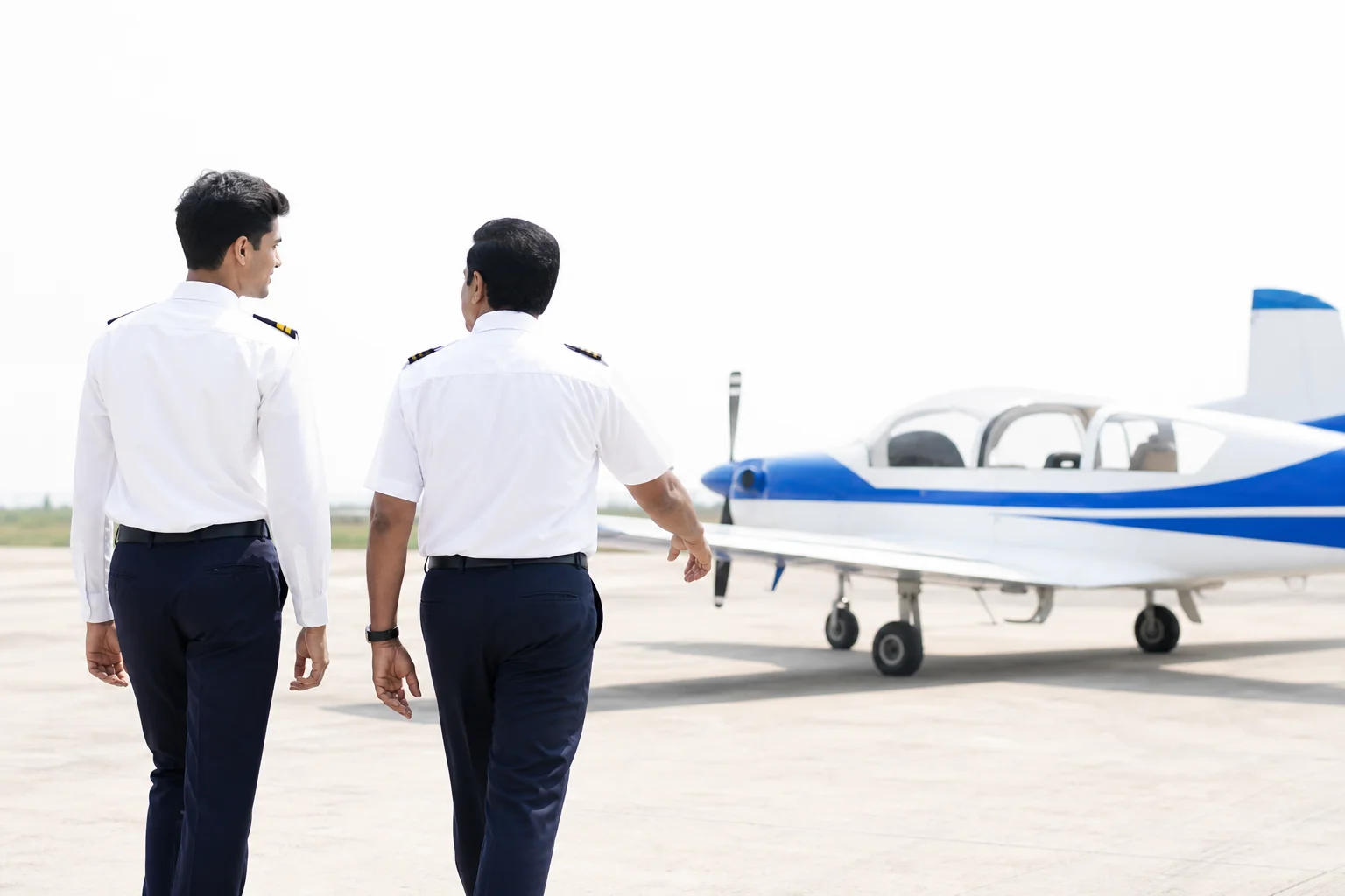 Bright daylight scene of a young Indian pilot trainee walking toward a training aircraft on the apron with instructor. Rian Air LIGHT poster family: clean bright white canvas photograph, natural daylight at an airport apron, an Indian