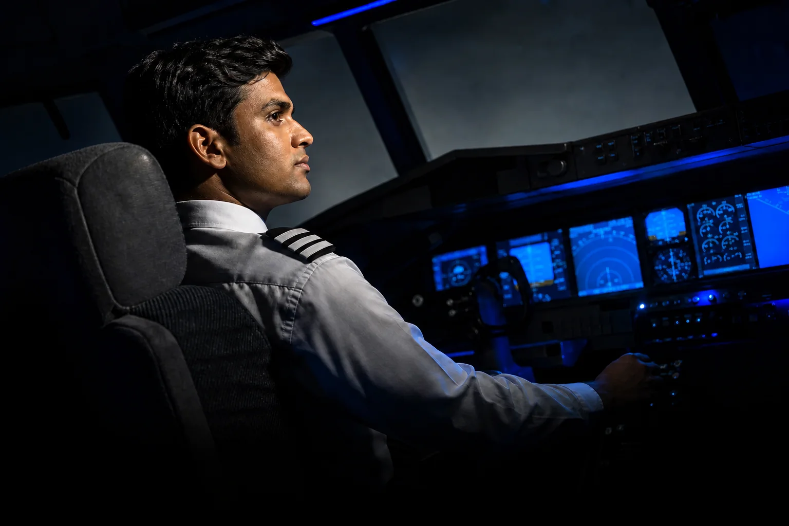 Trainee pilot inside a fixed-base simulator cockpit reviewing flight data. Rian Air DARK poster family: cinematic photograph of an Indian trainee pilot, white shirt with single-stripe epaulettes, seated inside a fixed-base flight simulator