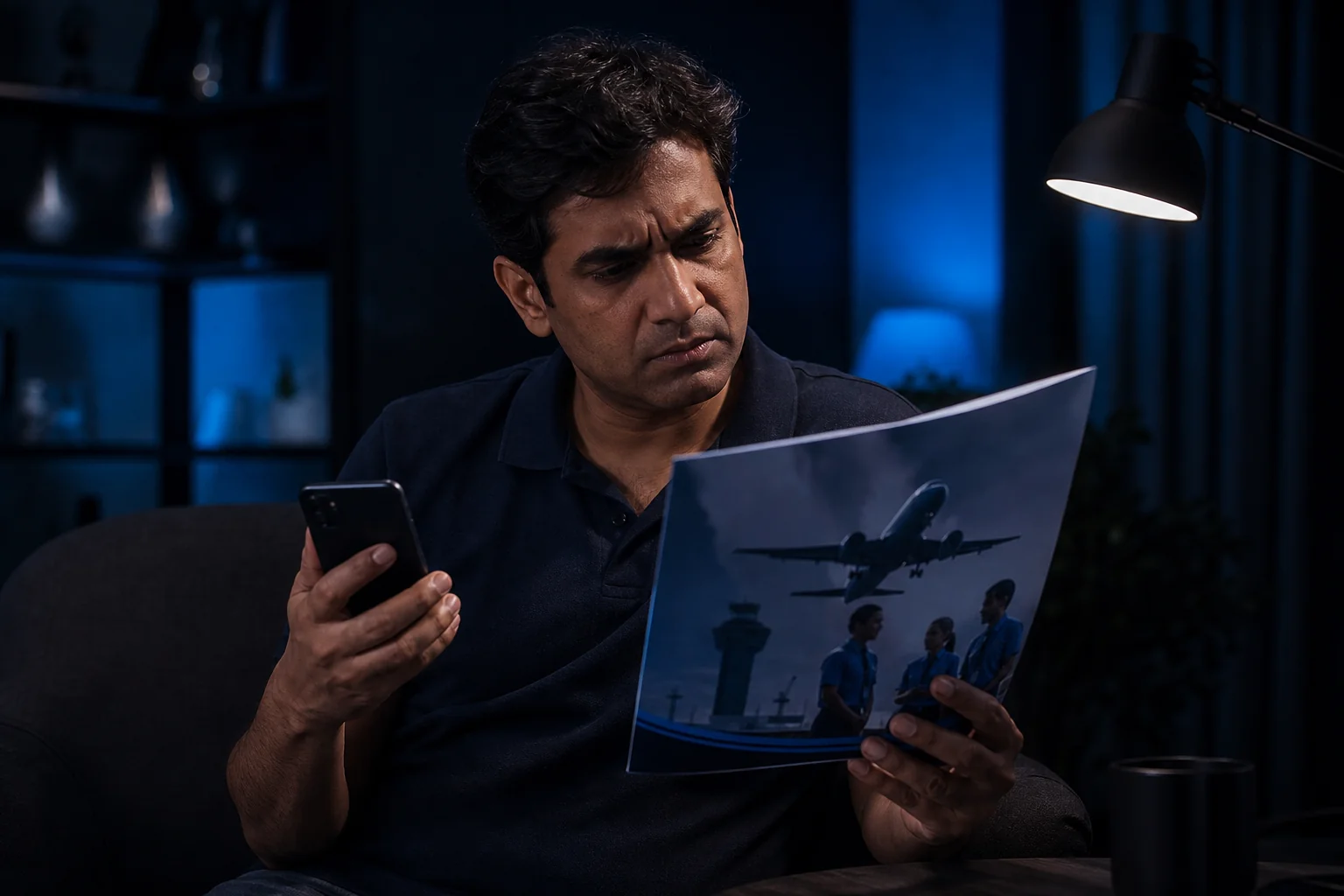 Split moment showing a parent on a phone call looking skeptical while reviewing a glossy training brochure, representing agent pressure tactics. Rian Air DARK poster family: cinematic photograph on a near-black deep navy canvas, brand blue