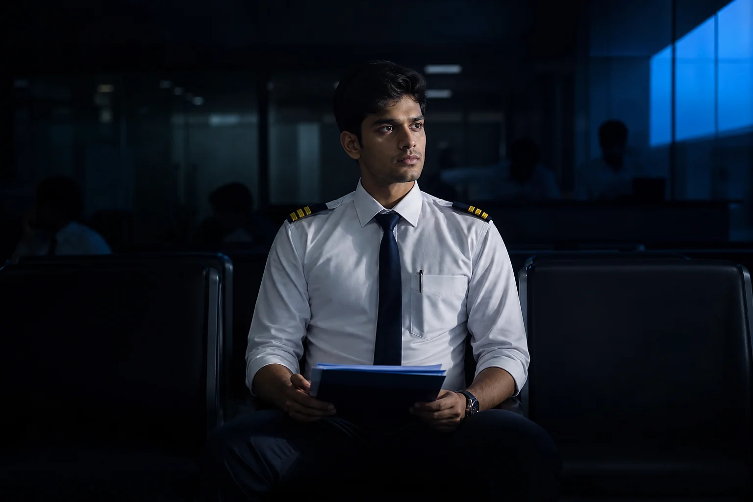 Indian student pilot aspirant at a visa application counter or holding travel documents, conveying the stress and cost of visa uncertainty. Rian Air DARK poster family: cinematic photograph on a near-black deep navy canvas, bottom edge