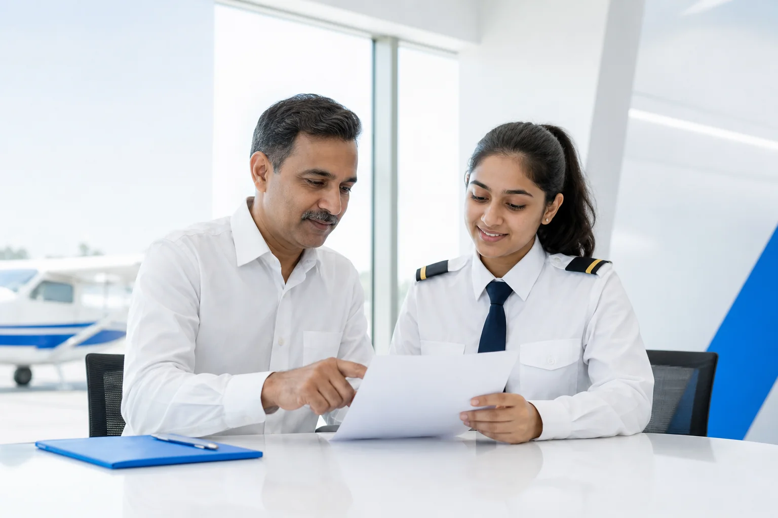 Indian parent and aspiring pilot reviewing training documents together, representing transparency in overseas pilot training decisions. Rian Air LIGHT poster family: clean, bright white canvas with the real subject centred and generous