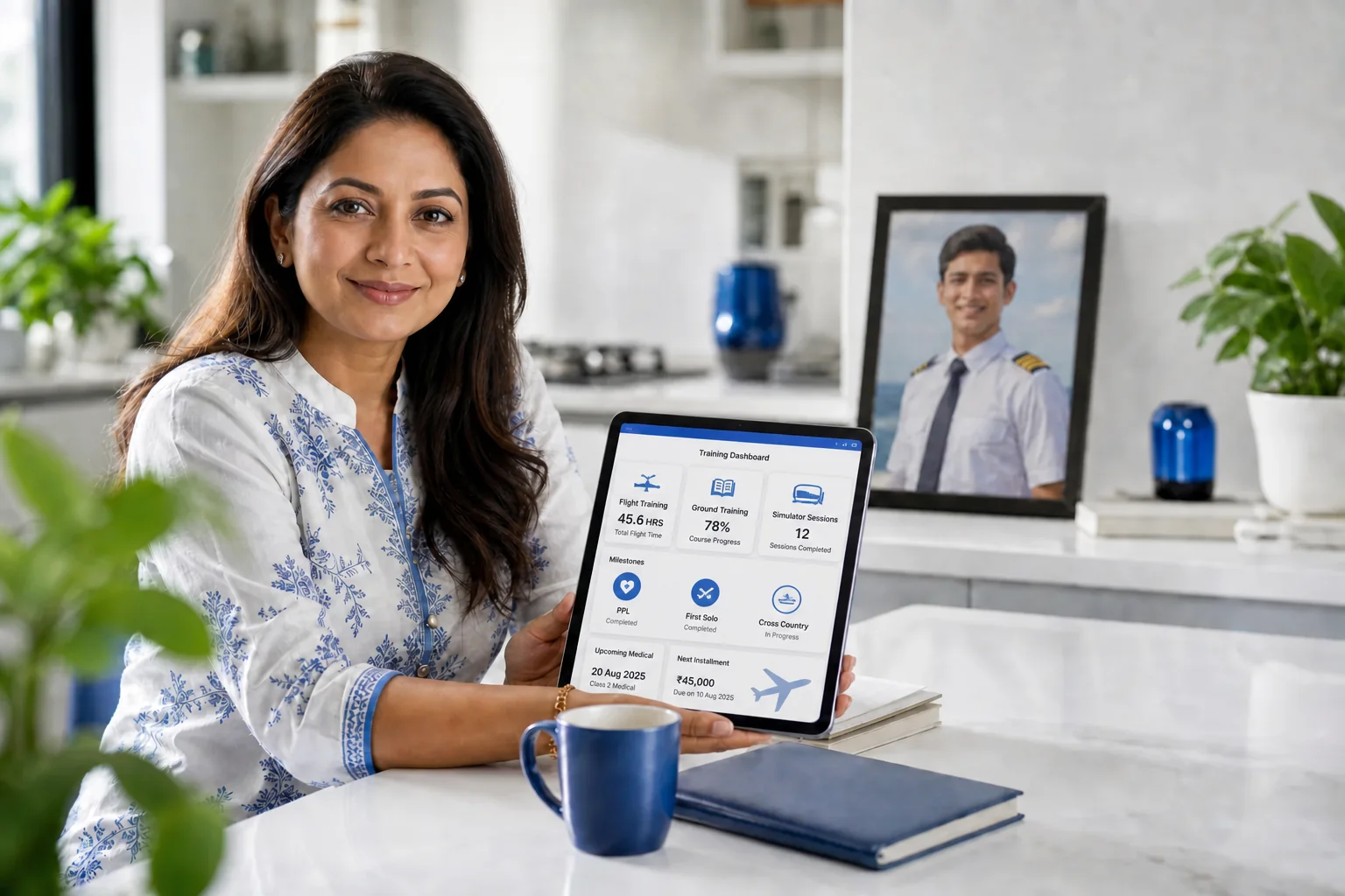 Rian Air LIGHT poster family: clean, bright white canvas with generous white space, natural daylight, brand blue (#1081f2) as the only accent. An Indian mother sits at a bright kitchen table holding a tablet, looking at a progress dashboard