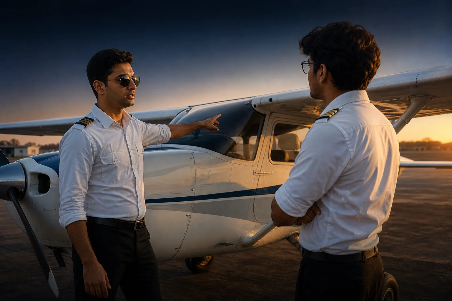 A trainee flight instructor guiding a student pilot beside a small training aircraft on the apron at golden hour. Rian Air DARK poster family: cinematic aviation photograph on the apron at golden hour, near-black to deep navy canvas fading
