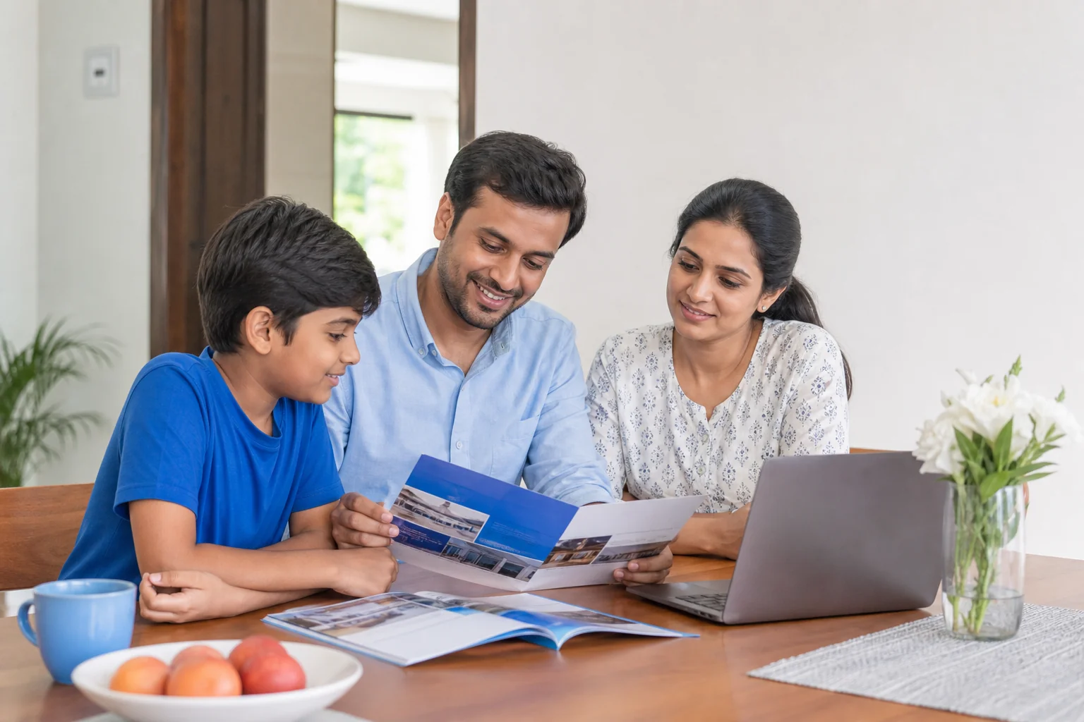 A modest Indian family reviewing training costs and paperwork at home, hopeful but concerned. Rian Air LIGHT poster family: clean, bright white canvas with the real subject centred and generous white space, natural daylight, brand blue
