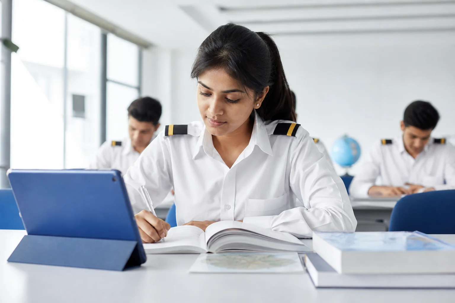 A young Indian woman aspiring pilot in ground school classroom setting, representing the Women Empowerment Program. Rian Air LIGHT poster family: clean, bright white canvas, generous white space, natural daylight in a classroom, brand blue