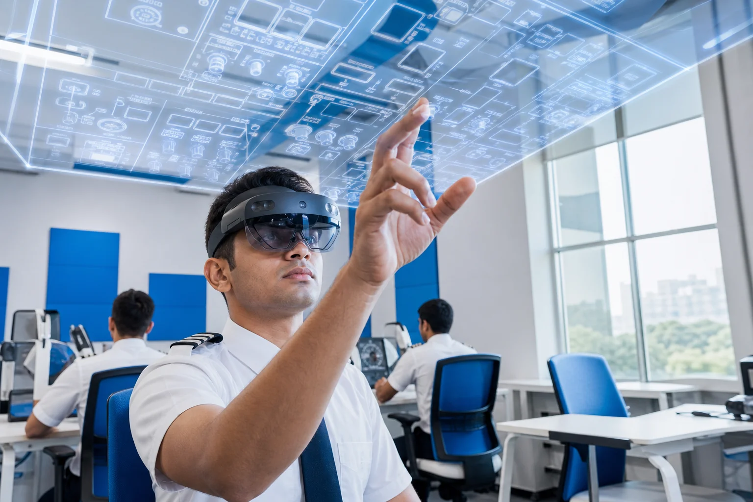 Close-up of a trainee wearing an AR-VR headset interacting with a virtual A320 cockpit setup. Rian Air LIGHT poster family: clean, bright white canvas with generous white space, natural daylight, brand blue (#1081f2) as the only accent, no