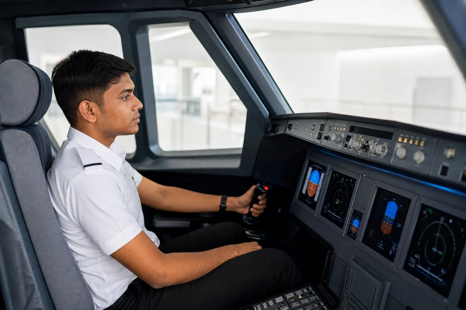 Trainee pilot practicing A320 cockpit flow on a fixed-base simulator in a bright training center. Rian Air LIGHT poster family: clean, bright white canvas with the real subject centred and generous white space, natural daylight at the