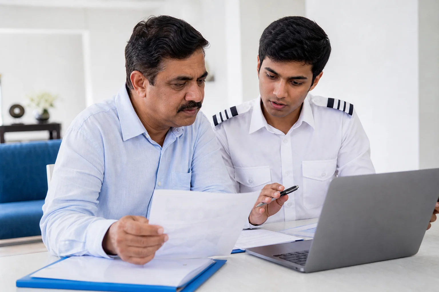 Parent and student reviewing a training organisation checklist together at a desk. Rian Air LIGHT poster family: clean, bright white canvas, generous white space, natural daylight, brand blue (#1081f2) as the only accent, no dark gradients.