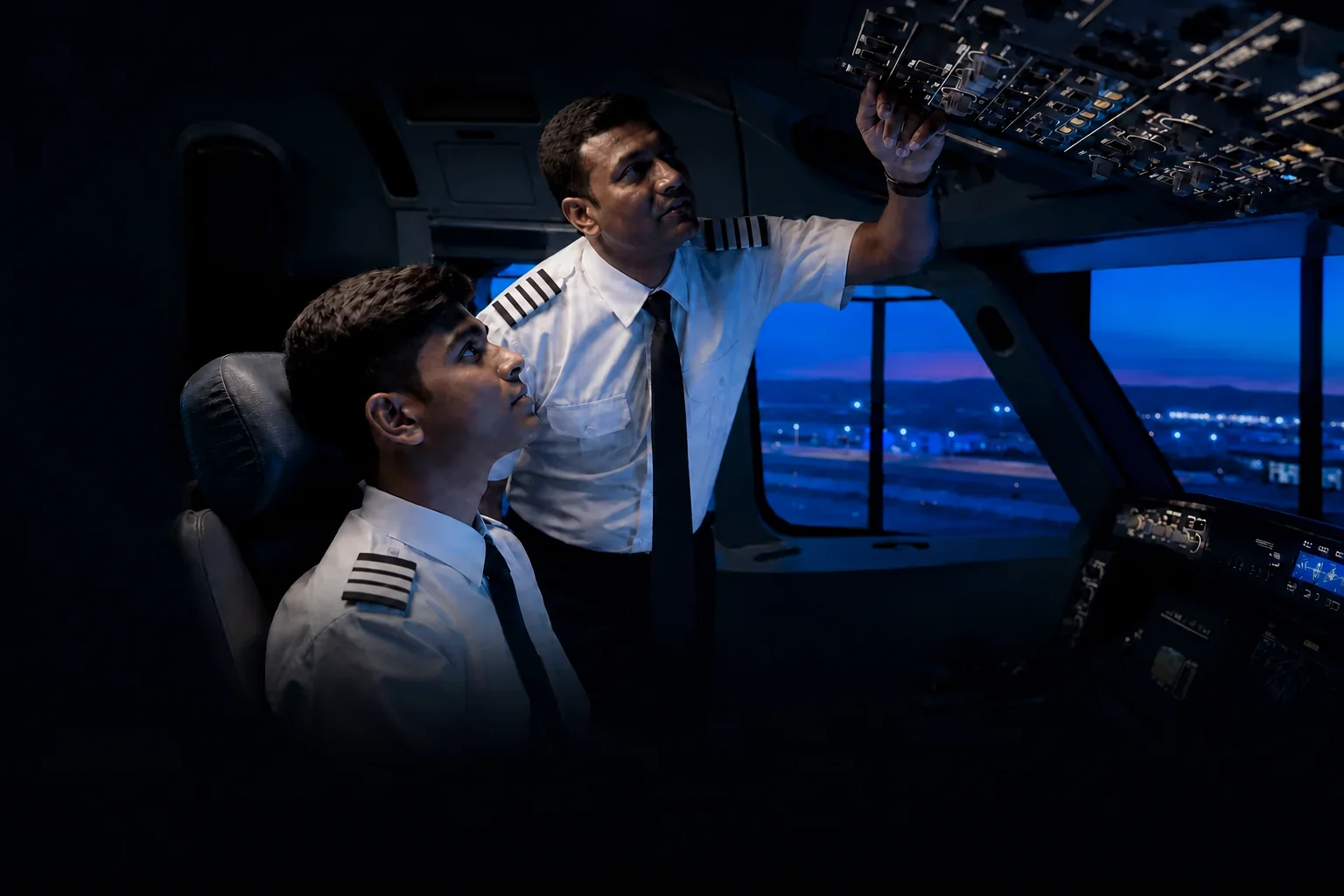 Two trainees rehearsing cockpit checklist flow on a fixed-base simulator with an instructor observing. Rian Air DARK poster family: cinematic aviation photograph on a near-black or deep navy canvas, bottom edge fading into black, brand blue
