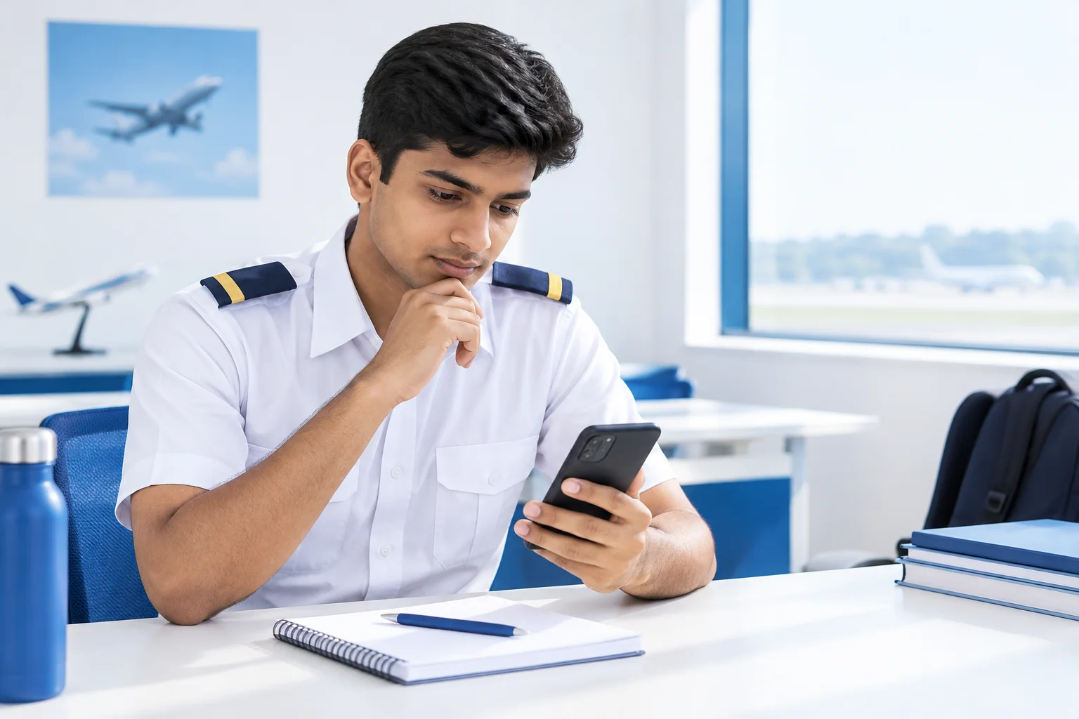 Student studying DGCA questions on phone. Rian Air clean white: Indian trainee pilot in white shirt with single-stripe epaulettes studying questions on a smartphone at a bright academy desk, natural daylight, brand blue accent, generous