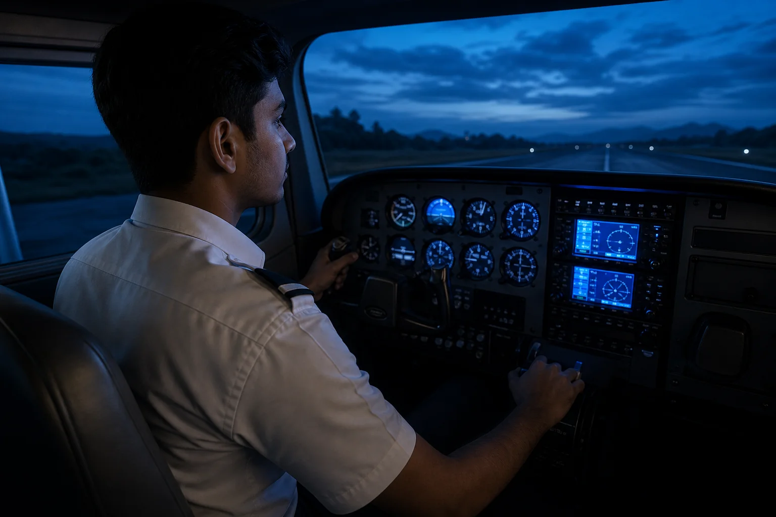 Trainee pilot practicing on a C172 fixed-base simulator cockpit in Kerala. Rian Air DARK poster family: cinematic aviation photograph on a near-black or deep navy canvas, bottom edge fading into black, brand blue (#1081f2) as the only
