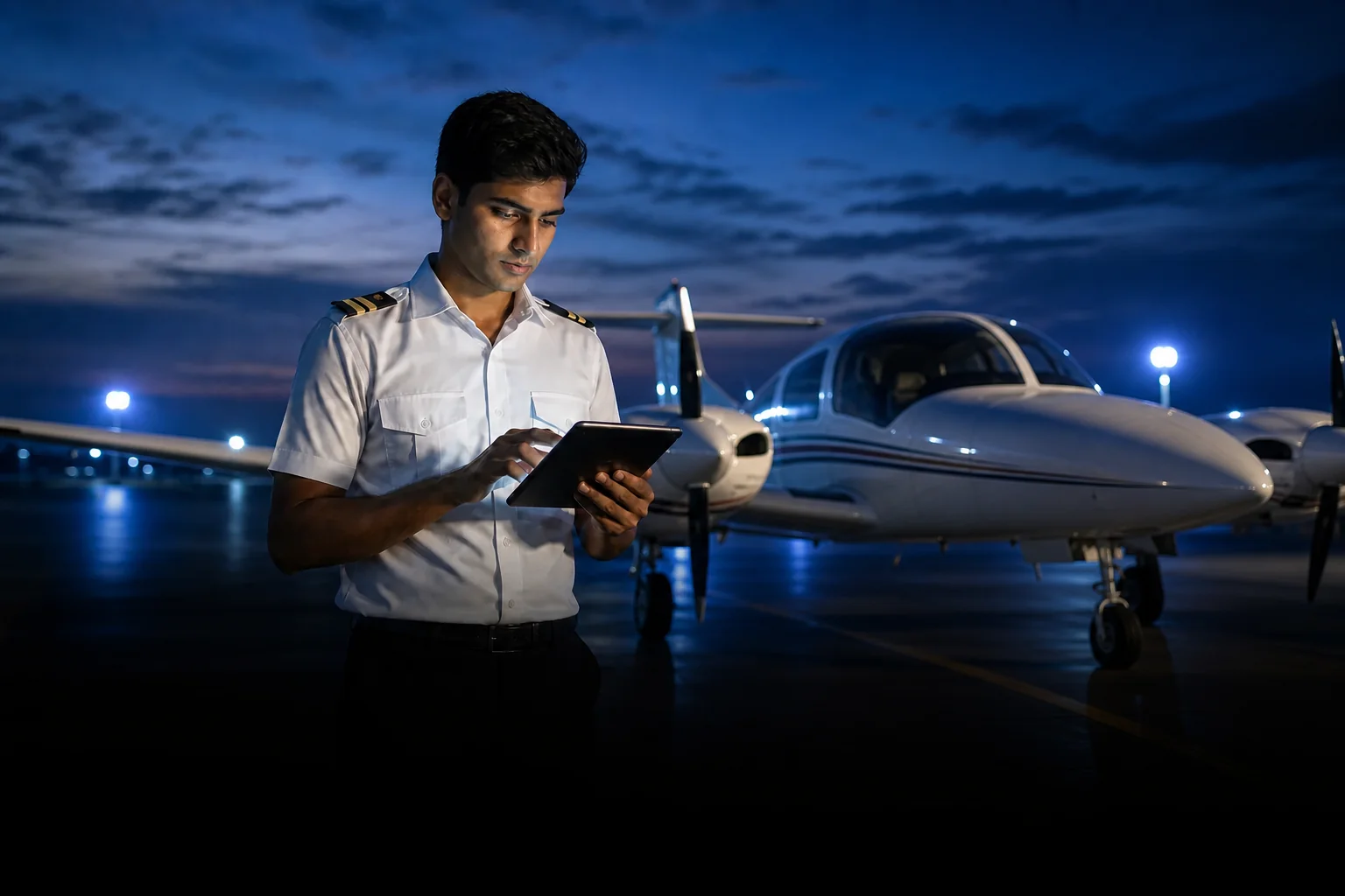 Rian Air DARK poster family: cinematic aviation photograph on a near-black deep navy canvas, bottom edge fading into black, brand blue (#1081f2) as the only accent. A young Indian trainee pilot in a white shirt with single-stripe epaulettes