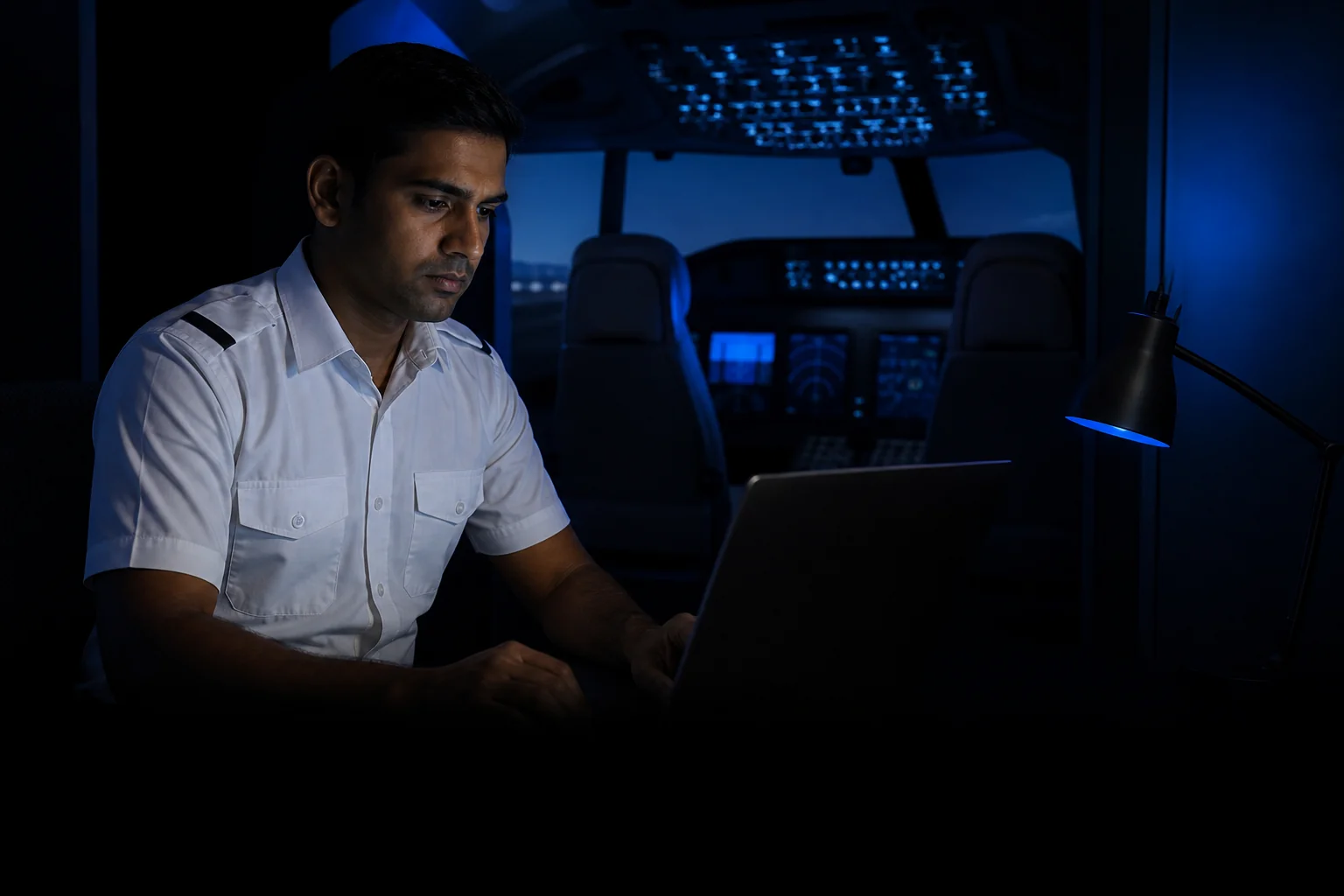Instructor updating simulator and ground school records on a laptop. Rian Air DARK poster family: cinematic aviation photograph on a near-black or deep navy canvas, bottom edge fading into black, brand blue (#1081f2) as the only accent. An