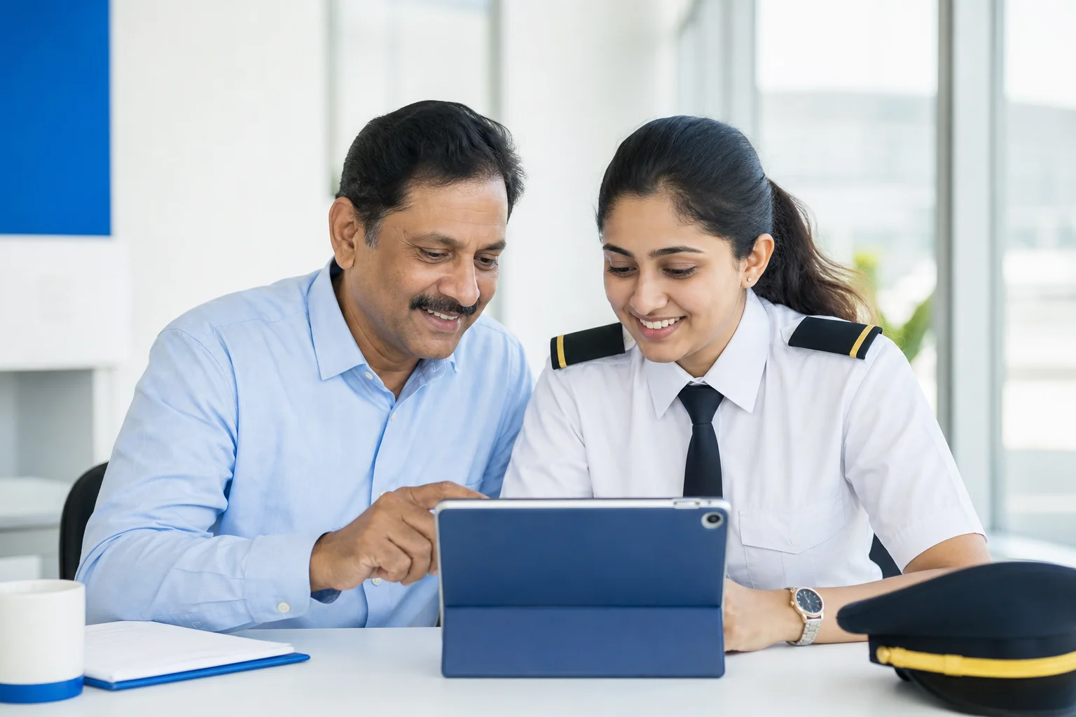 A parent and student reviewing a training progress dashboard together at an aviation academy in Delhi. Rian Air LIGHT poster family: clean, bright white canvas with the real subject centred and generous white space, natural daylight at the