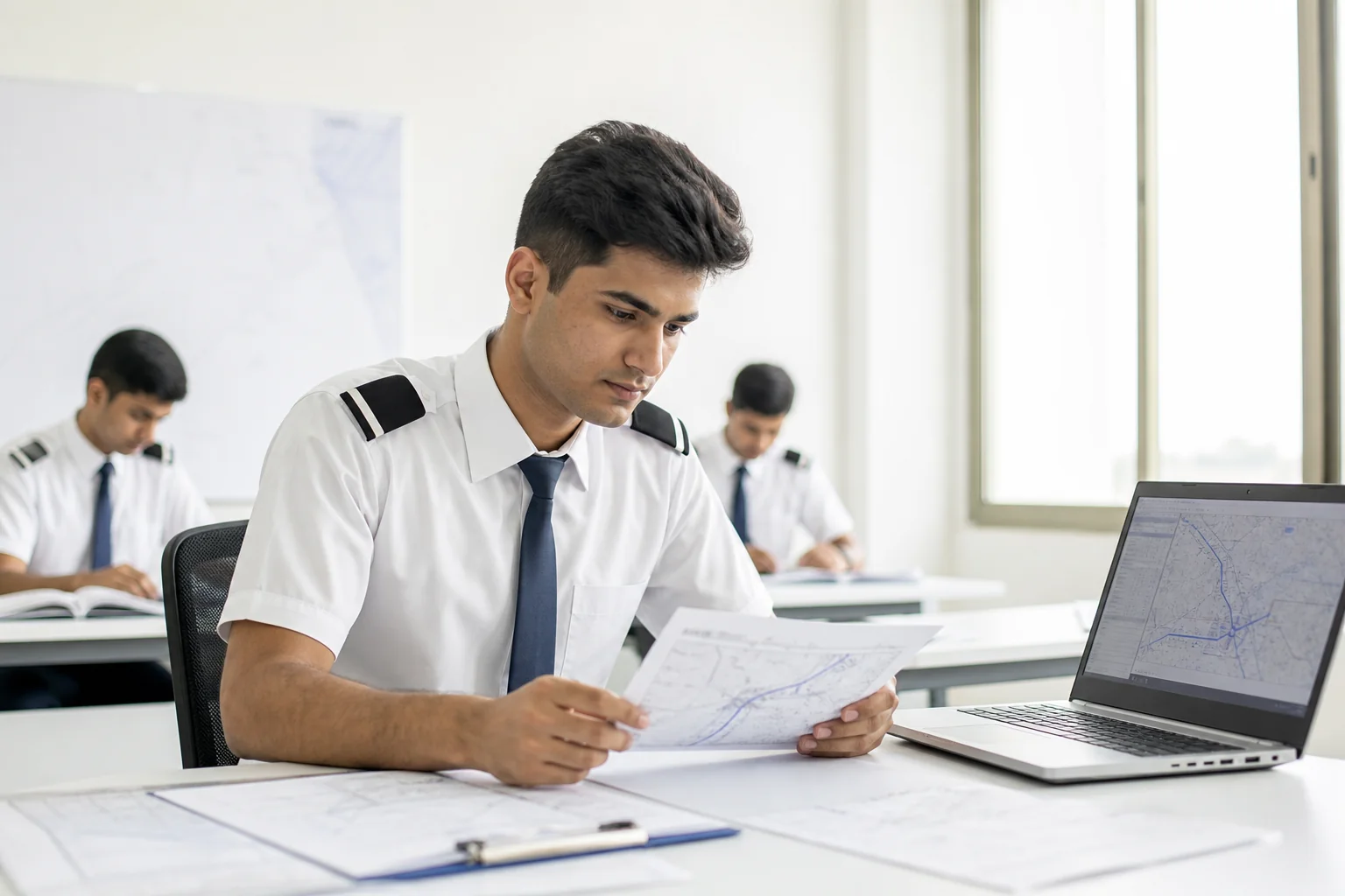 Rian Air LIGHT poster family: clean, bright white canvas with generous white space, natural daylight, brand blue (#1081f2) as the only accent. Hyper-realistic; a distinct Indian male trainee pilot in a white shirt with single-stripe