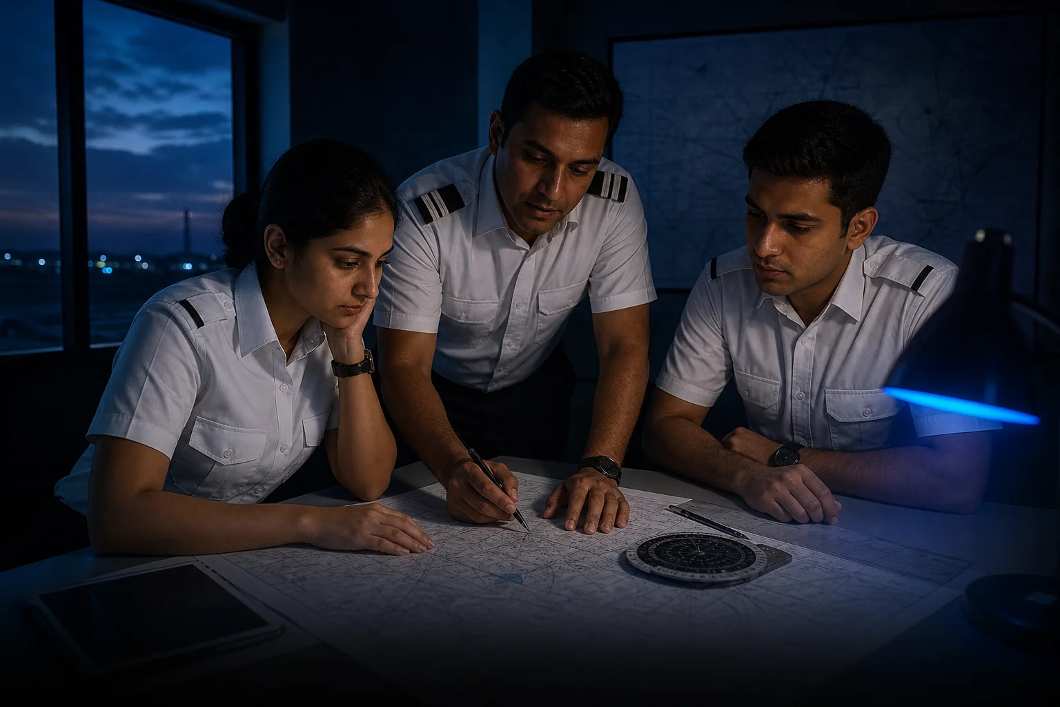 Ground school classroom session covering navigation and meteorology charts. Rian Air DARK poster family: cinematic aviation photograph on a near-black deep navy canvas, bottom edge fading into black, brand blue (#1081f2) as the only accent.