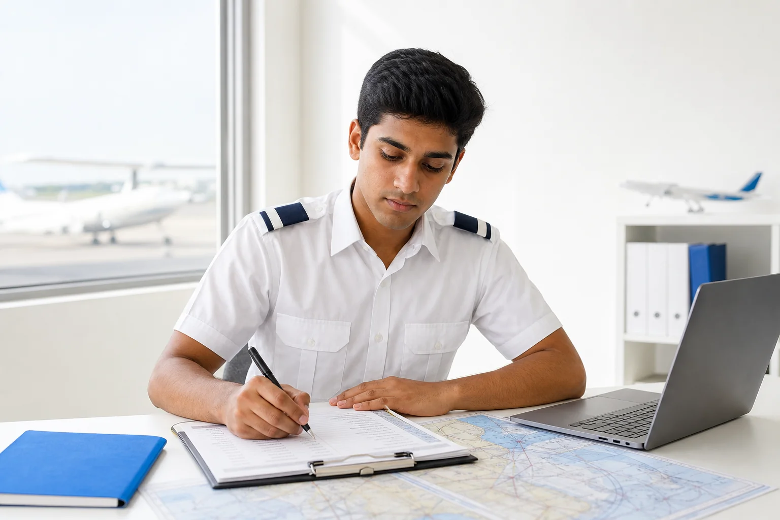 Student pilot studying at a desk with checklist and aviation charts during ground school. Rian Air LIGHT poster family: clean, bright white canvas with the real subject centred and generous white space, natural daylight at the airport or