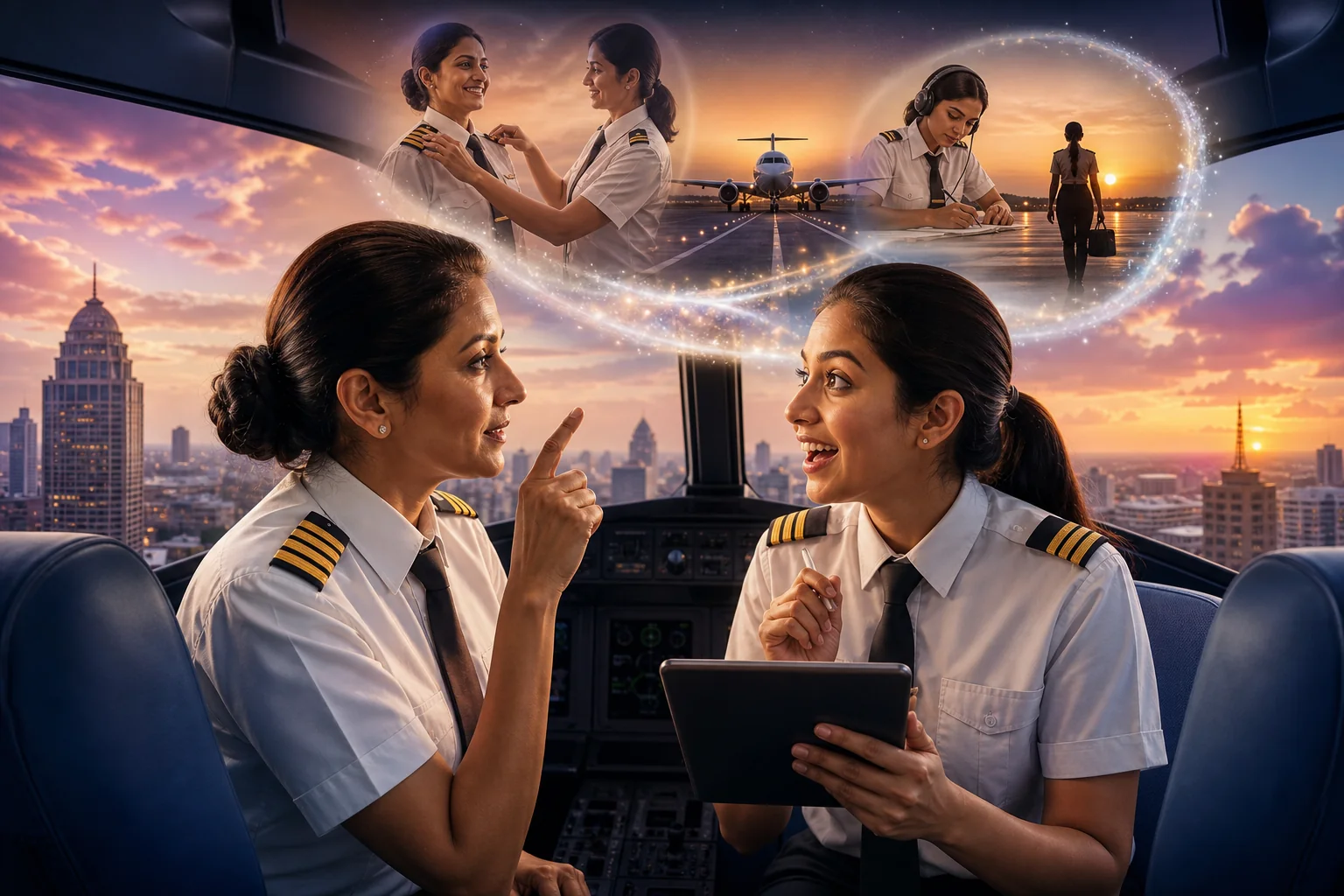 show a female commander explaining concepts on RAPt to the first officer showing that is how she got the left hand seat or command, because of rapt. show excited first officer and a cam composite commander